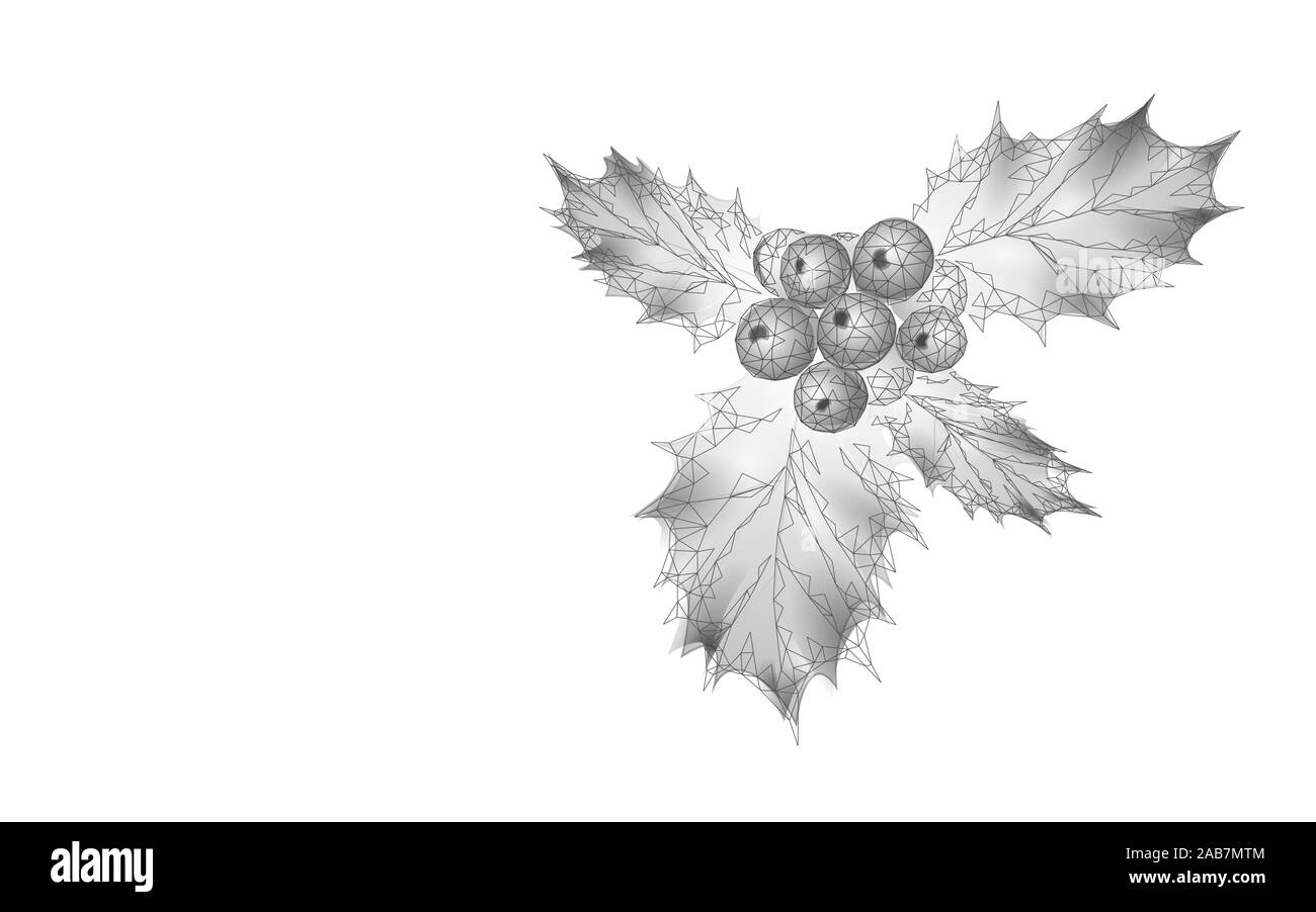 Holly Zweig Low Poly Beeren Weihnachten Symbol. Urlaub traditionelle Dekoration neue Jahr Kranz Blätter. Weißer Draht Design realistische 3D-Vektor Stock Vektor