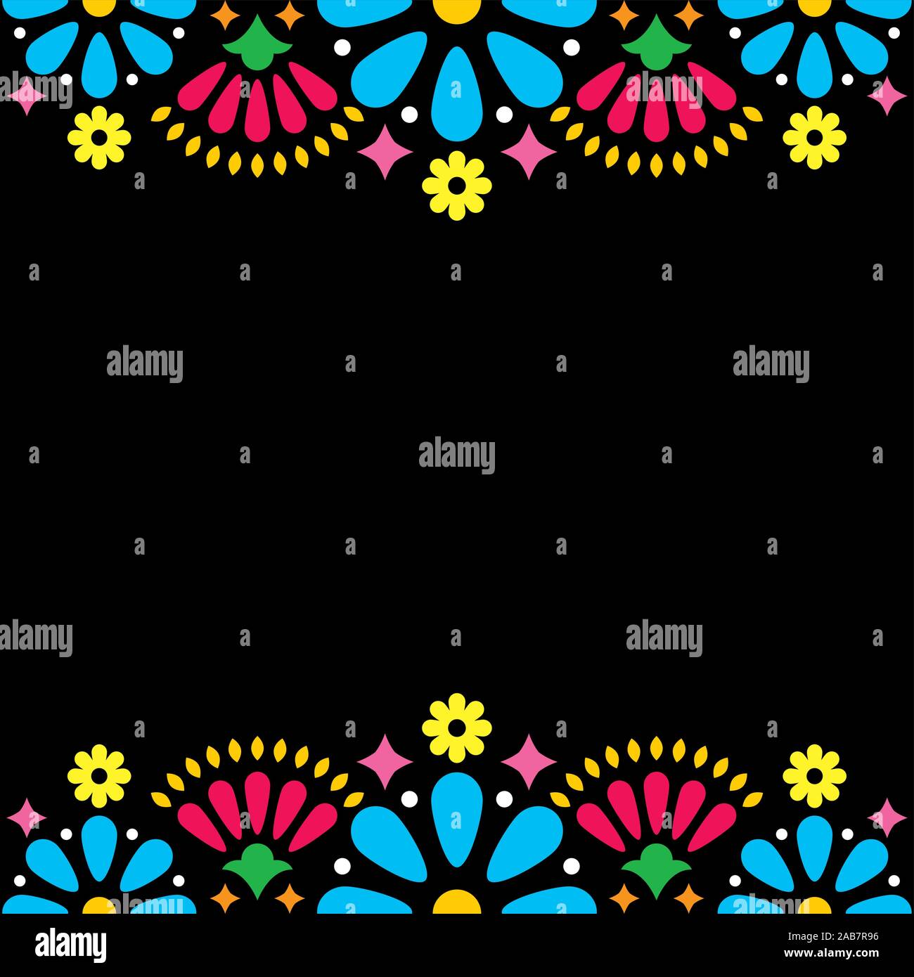 Mexikanische Volksmusik vektor Hochzeit oder Party Einladung, Grußkarte, bunten Rahmen Design mit blauer Blumen und abstrakte Formen auf Schwarz Stock Vektor