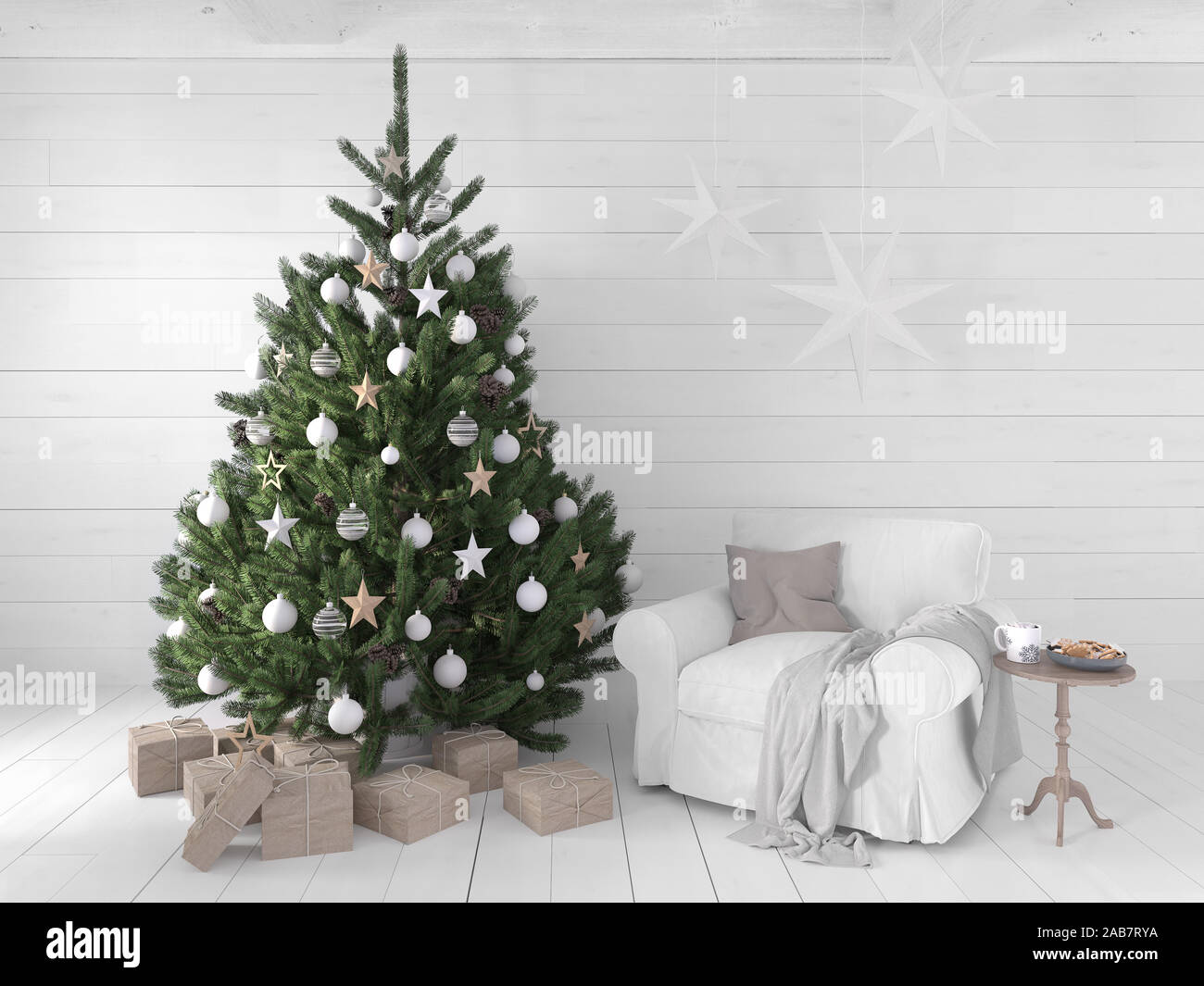 3D-Illustration. Die neue nordische Wohnzimmer mit einem Weihnachtsbaum. Stockfoto
