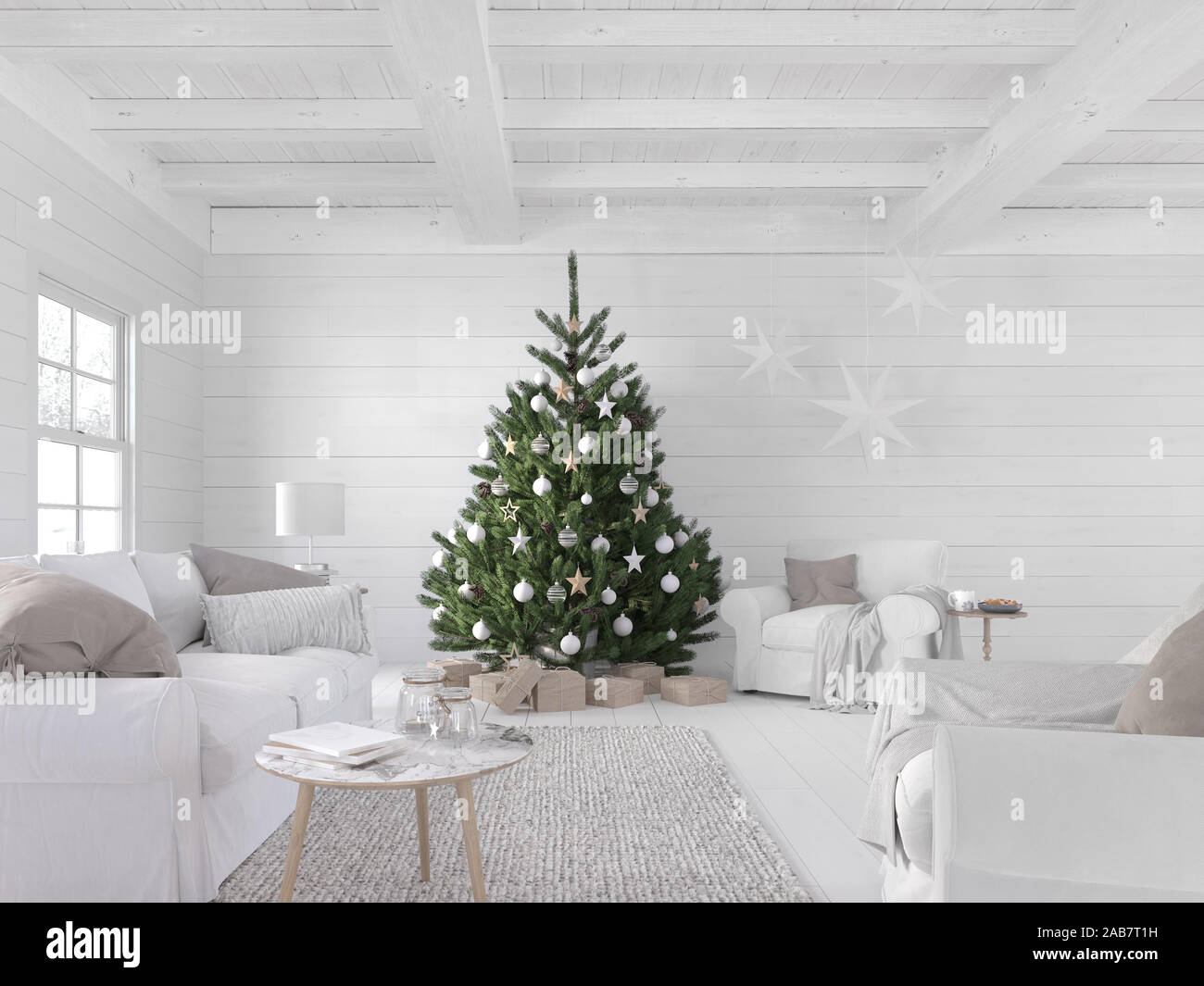 3D-Illustration. Die neue nordische Wohnzimmer mit einem Weihnachtsbaum. Stockfoto