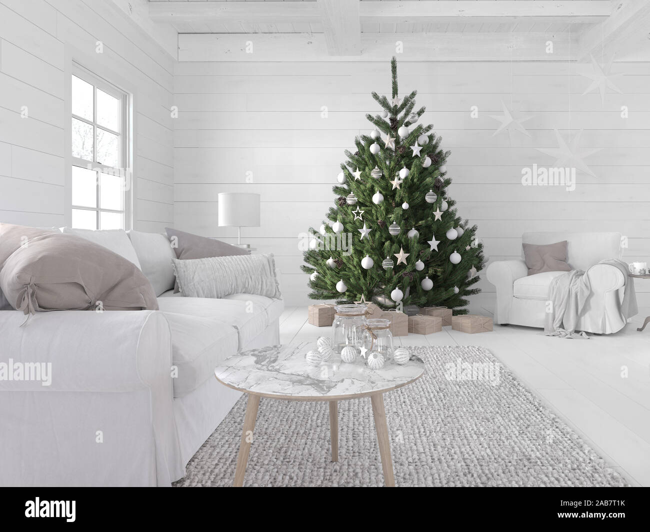 3D-Illustration. Die neue nordische Wohnzimmer mit einem Weihnachtsbaum. Stockfoto