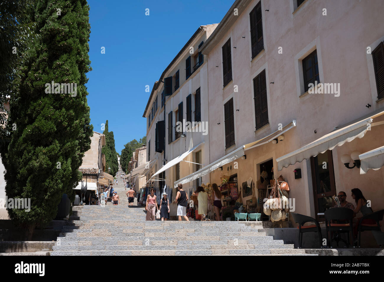 Die (365) Calvari Stufen zur Kapelle von Pollenca auf der Mittelmeerinsel Mallorca, Balearen, Spanien, Europa Stockfoto