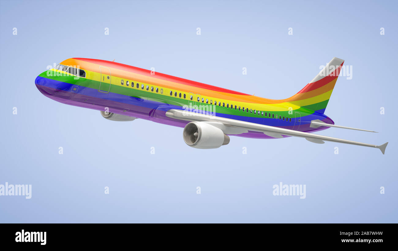 Ein buntes Flugzeug in der Luft Stockfoto