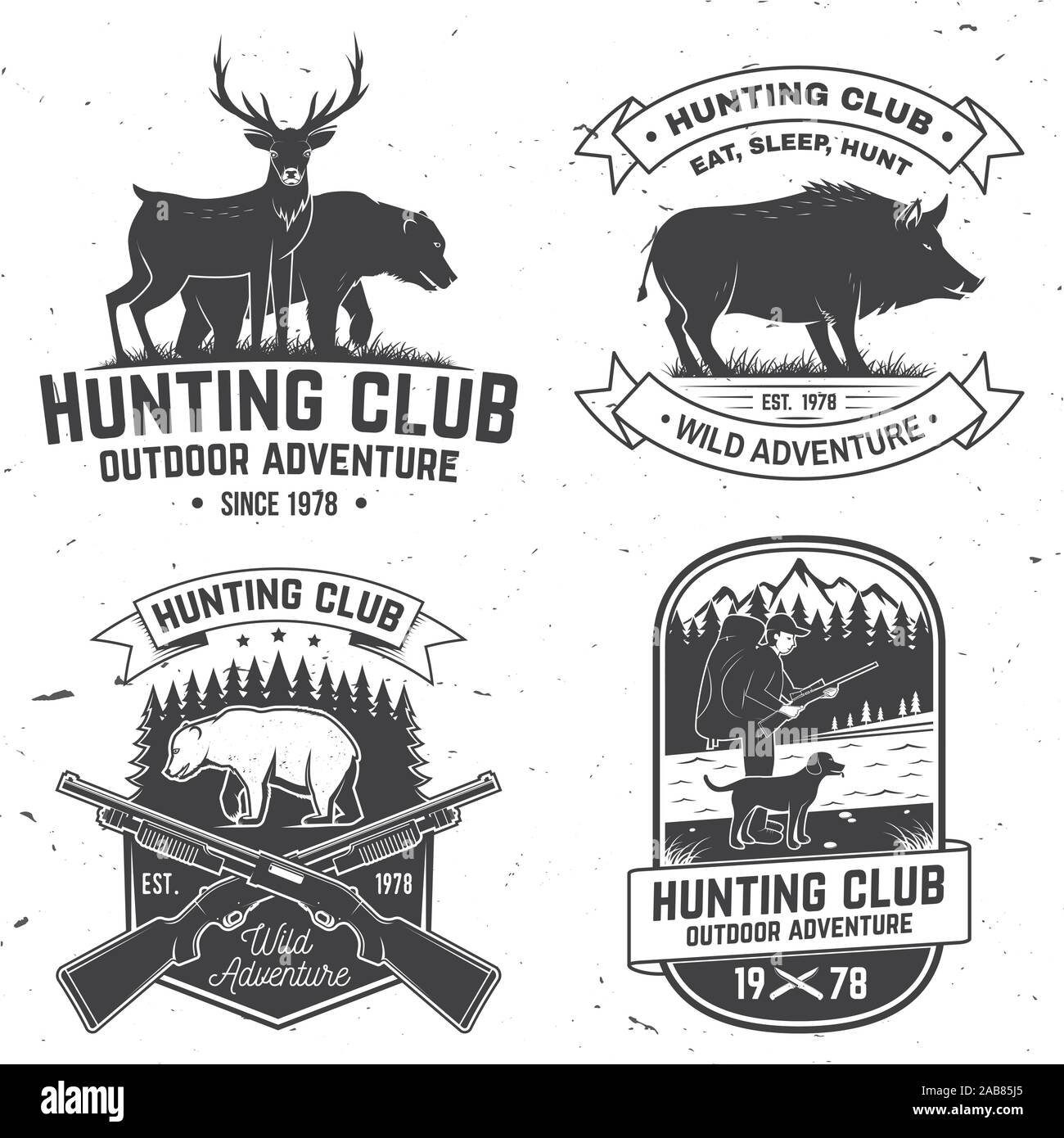 Einstellen der Jagd club Abzeichen. Vektor Konzept für T-Shirt, Aufkleber, Druck, Stempel. Vintage Typografie Design mit Jagd Gewehr, Wildschwein, Jäger, Bären, Hirsche, die Berge und den Wald. Outdoor Adventure Hunt Club Emblem Stock Vektor