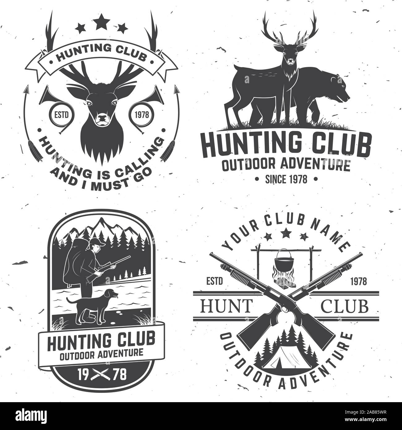 Einstellen der Jagd club Abzeichen. Vektor Konzept für T-Shirt, Aufkleber, Druck, Stempel. Vintage Typografie Design mit Jagd Gewehr, Wildschwein, Jäger, Bären, Hirsche, die Berge und den Wald. Outdoor Adventure Hunt Club Emblem Stock Vektor