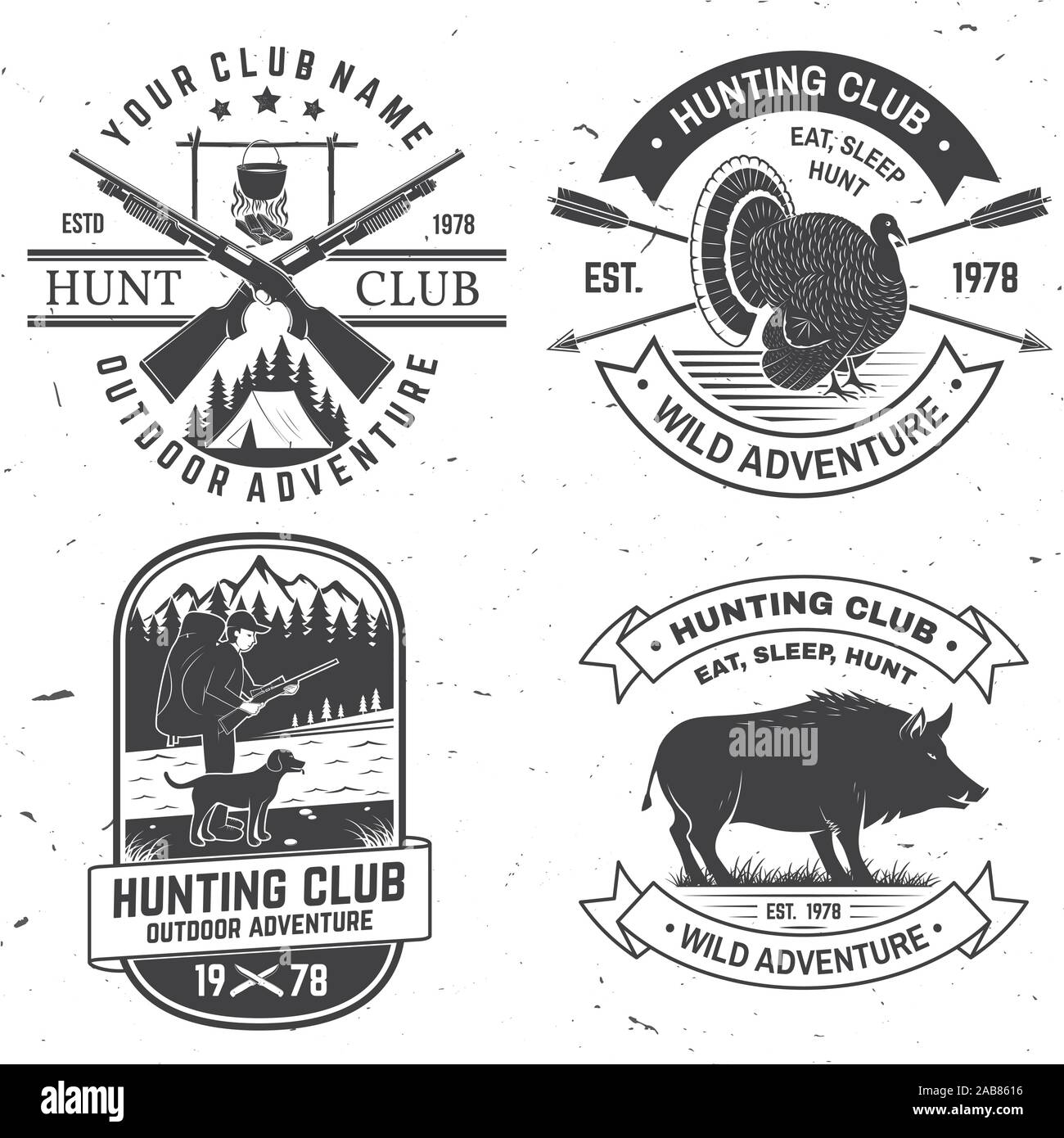 Einstellen der Jagd club Abzeichen. Vektor Konzept für T-Shirt, Aufkleber, Druck, Stempel. Vintage Typografie Design mit Jagd Gewehr, Eber, Jäger, Türkei, Rotwild, die Berge und den Wald. Outdoor Adventure Hunt Club Stock Vektor