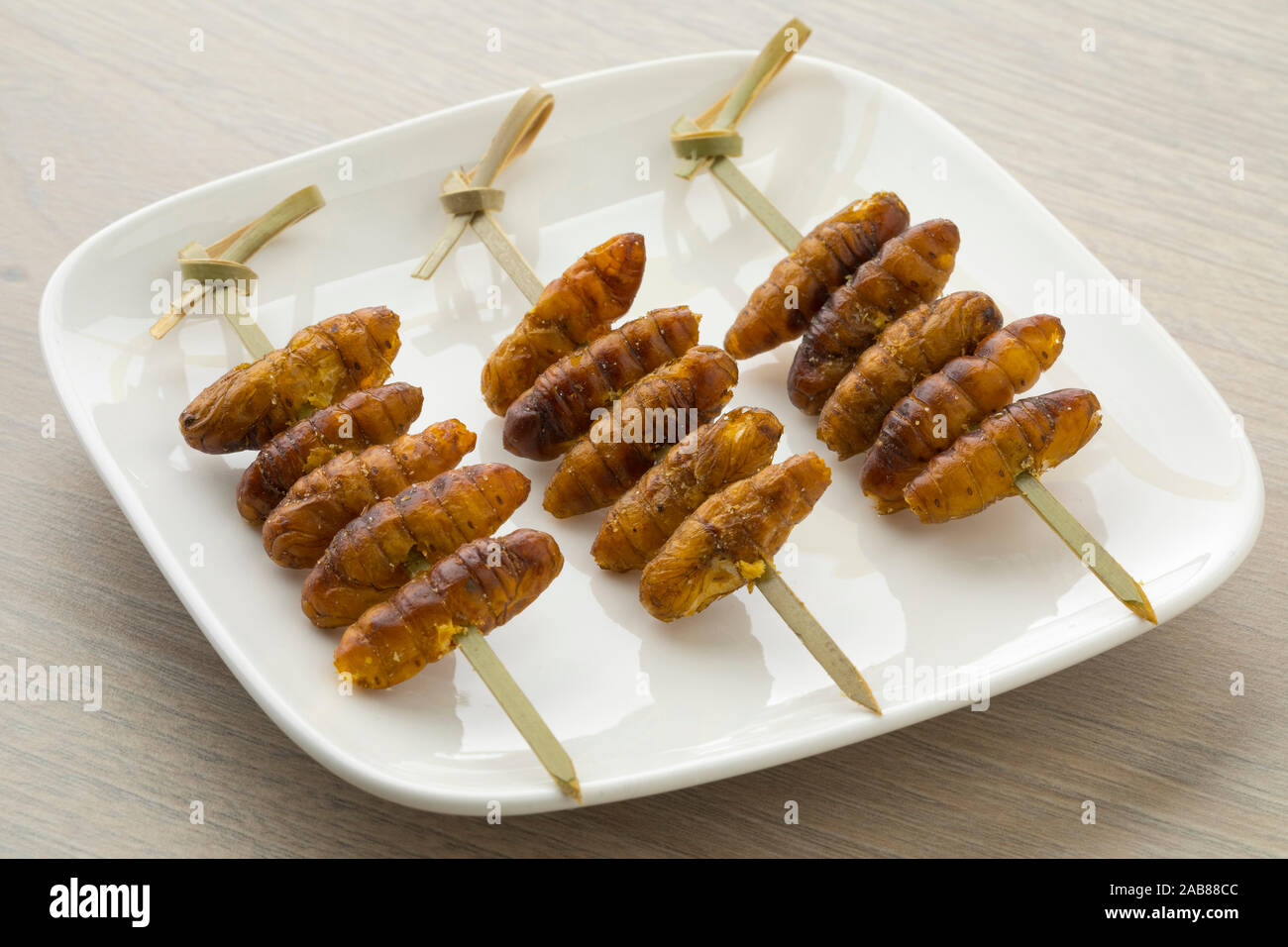 Teller mit knusprigen Seidenraupen auf einem Stick für einen Snack Stockfoto