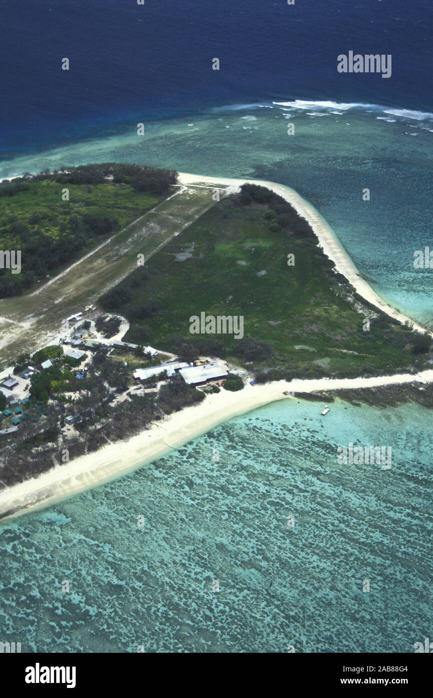 Lady Elliot Island, Antenne, Coral Cay mit einem kleinen Resort mit Tauch und Schnorchel Ausflüge. Lady Elliott Island, Great Barrier Reef, Queensland, EINE Stockfoto