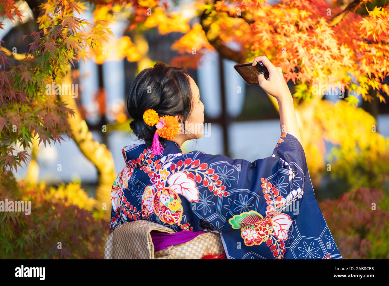 Geishas Mädchen mit japanischen kimono unter roten Holz- Tori Gate bei Fushimi Inari Schrein in Kyoto, Kimono ist ein traditionelles japanisches Gewand. Das Wort " Stockfoto