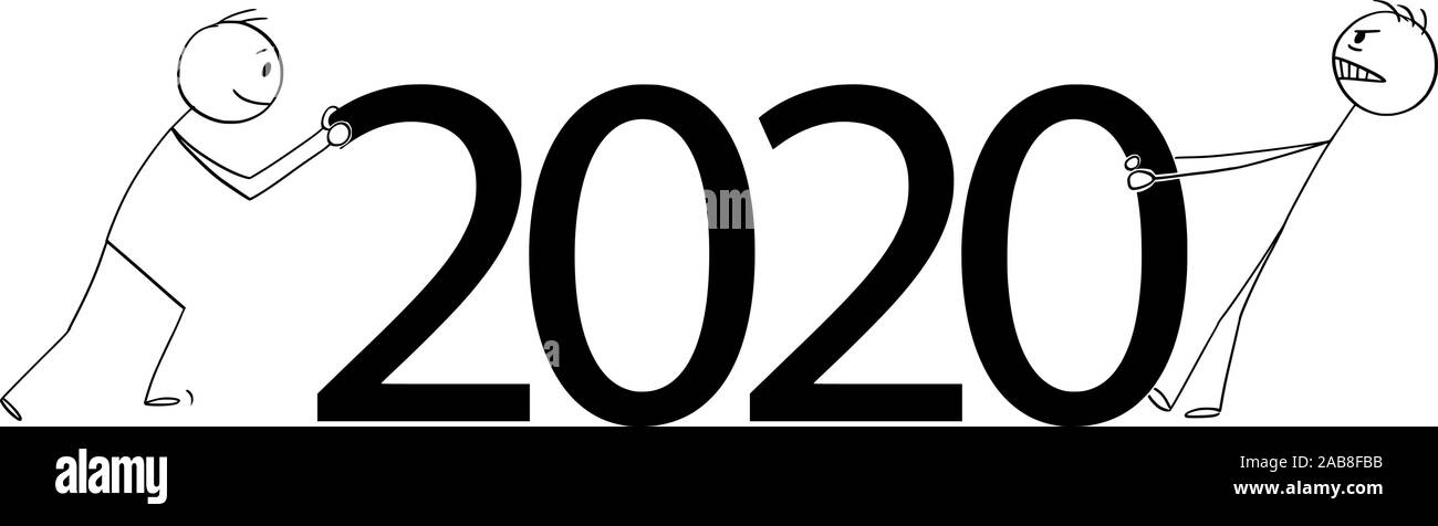 Vektor cartoon Strichmännchen Zeichnung konzeptuelle Abbildung von zwei Männern oder Geschäftsleute Schieben und Ziehen große Jahr 2020 Text, Buchstaben, Zeichen oder Zahlen. Stock Vektor