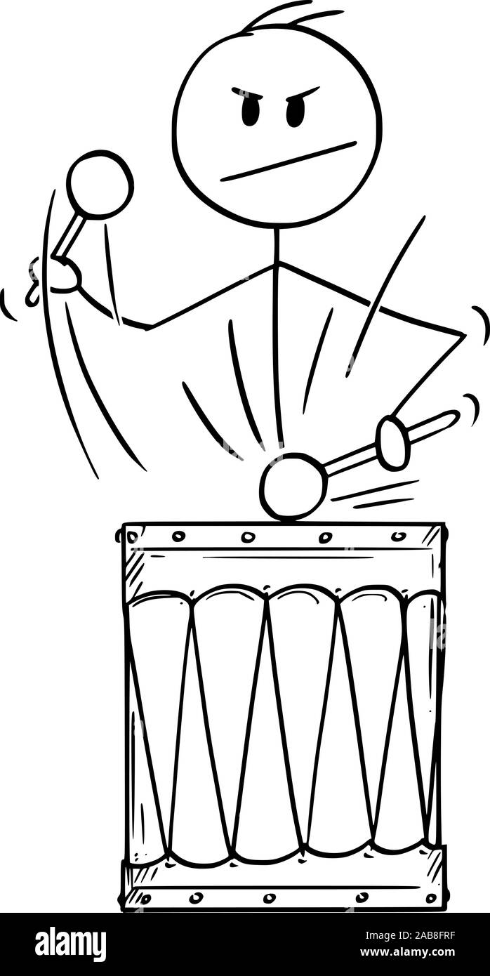 Vektor cartoon Strichmännchen Zeichnen konzeptionelle Darstellung der Mann, Schlagzeuger oder Geschäftsmann Musik und Rhythmus auf big Retro Drum. Stock Vektor