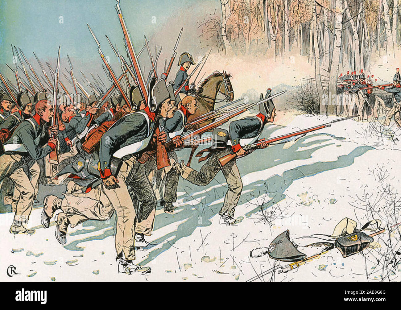 Schlacht von Eylau 7/8 Februar 1807. Französische Truppen Russen in einem Holz Stockfoto