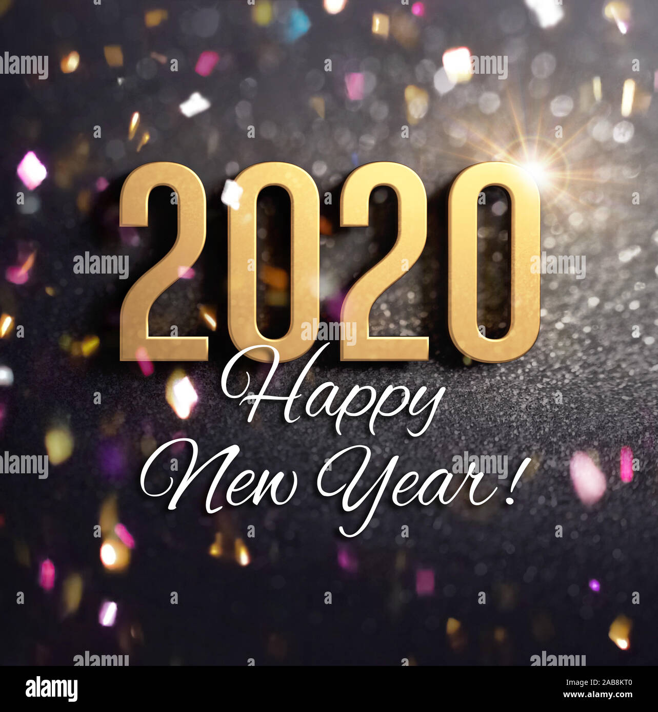 Grüße und ein Frohes Neues Jahr 2020 Datum Anzahl farbiger in Gold, auf einer festlichen schwarzen Hintergrund, mit Glitter und Konfetti - 3D-Darstellung Stockfoto