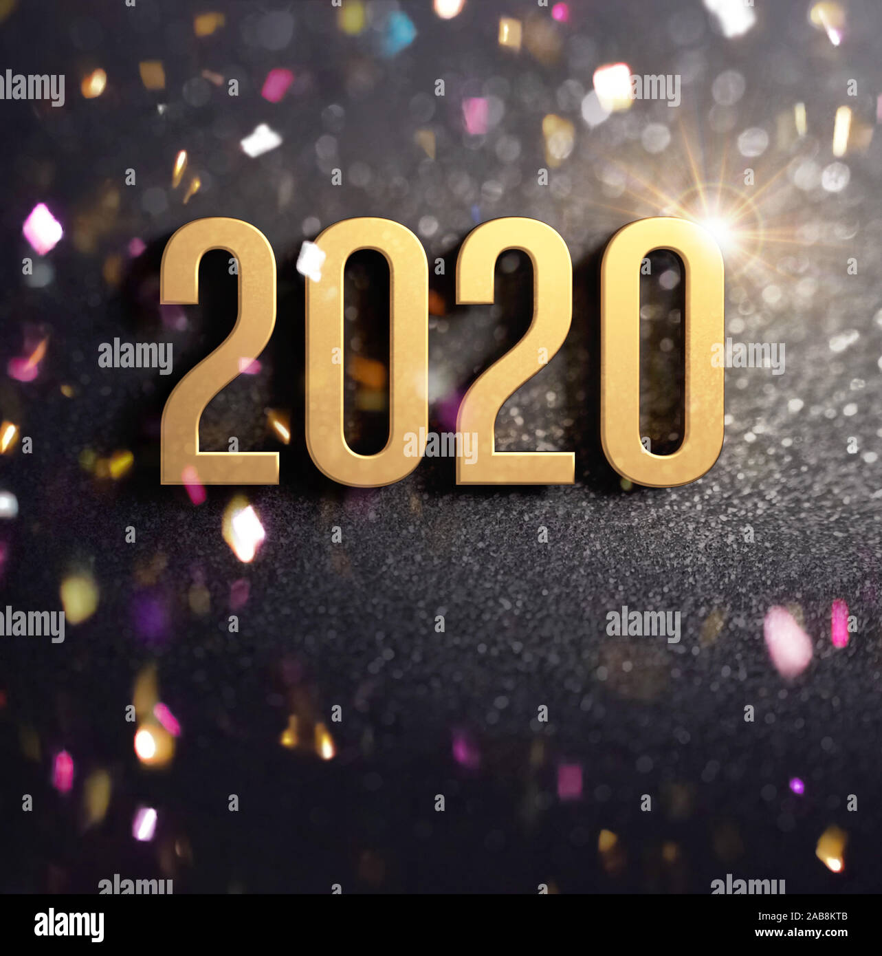 Frohes Neues Jahr 2020 Datum Anzahl farbiger in Gold, auf einer festlichen schwarzen Hintergrund, mit Glitter und Konfetti - 3D-Darstellung Stockfoto