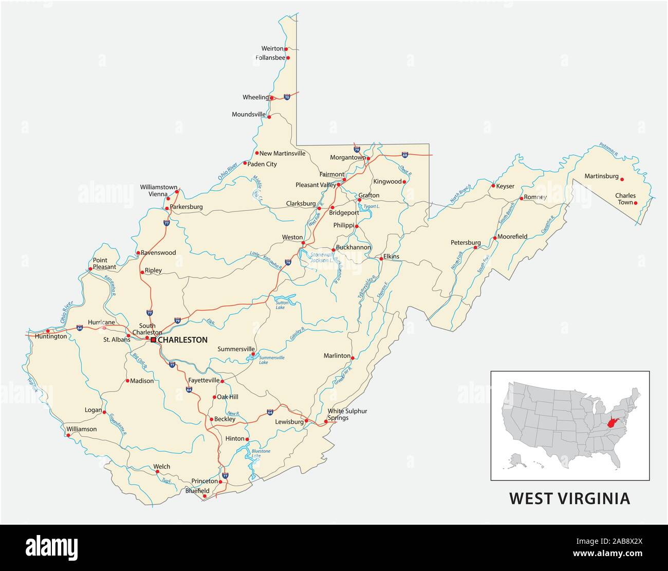Straßenkarte des US amerikanischen Bundesstaat West Virginia Stock Vektor