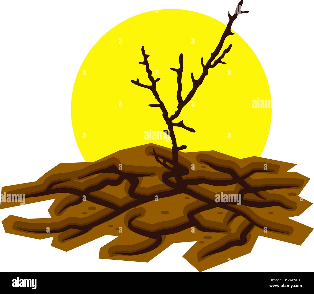 Vector Illustration von trockenen toter Baum in trockene und rissige Wüste und heiße Sonne. Boden Schäden durch Dürre Abbildung. Symbol der globalen Erwärmung, Climat Stock Vektor