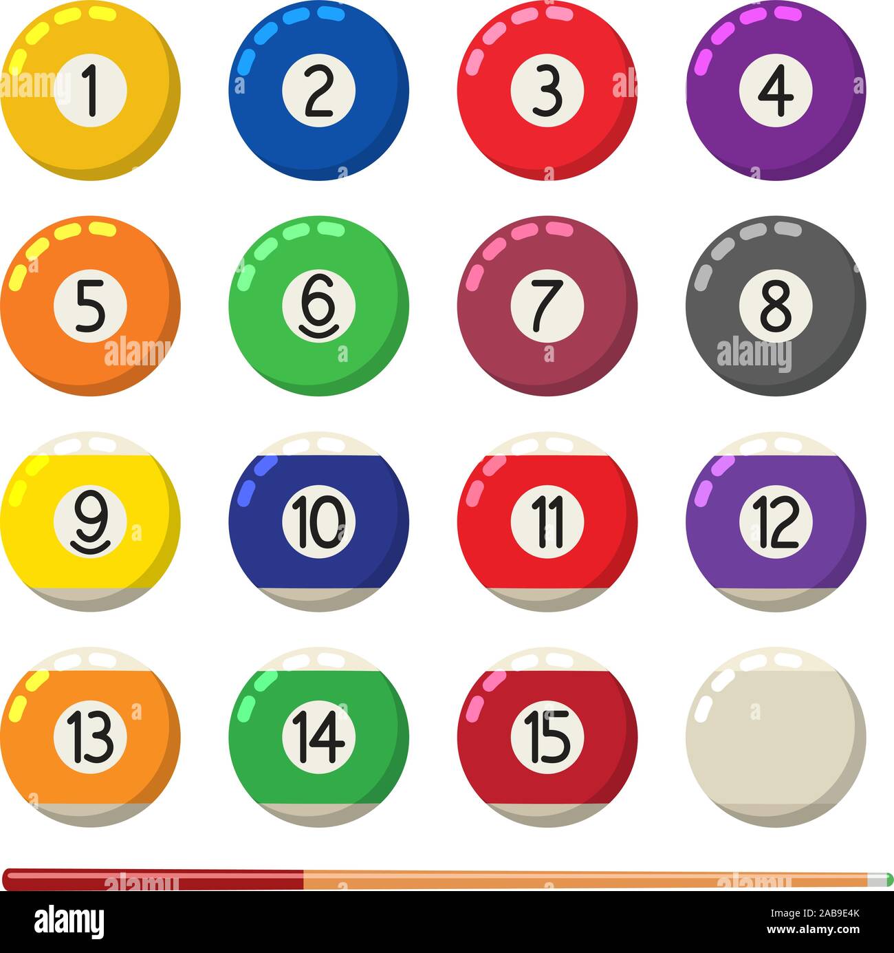 Vektor Sammlung von Billard Billard oder Snooker Kugeln mit Zahlen und Cue auf weißem Hintergrund, Flachbild Kugel Symbol, eps 10 Abbildung Stock Vektor