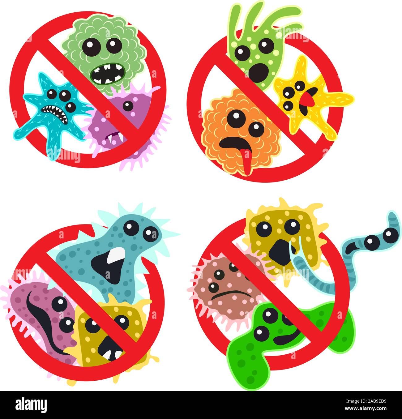 Vektor-stop Bakterien Symbole auf weißem Hintergrund. Stoppen Sie den Virus Warnzeichen. keine Mikroben antibakterielle Symbol. Schutz vor Seuche Stock Vektor