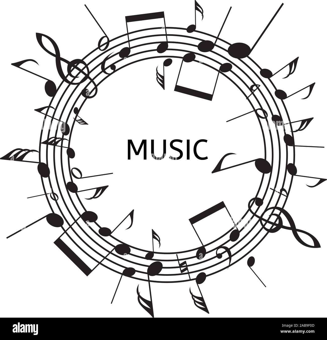 Vector schwarz und weiße runde Hintergrund mit Stangen und Musik Noten. Abstrakte Darstellung der klassischen Musik beachten Sie die Symbole mit Text Stock Vektor