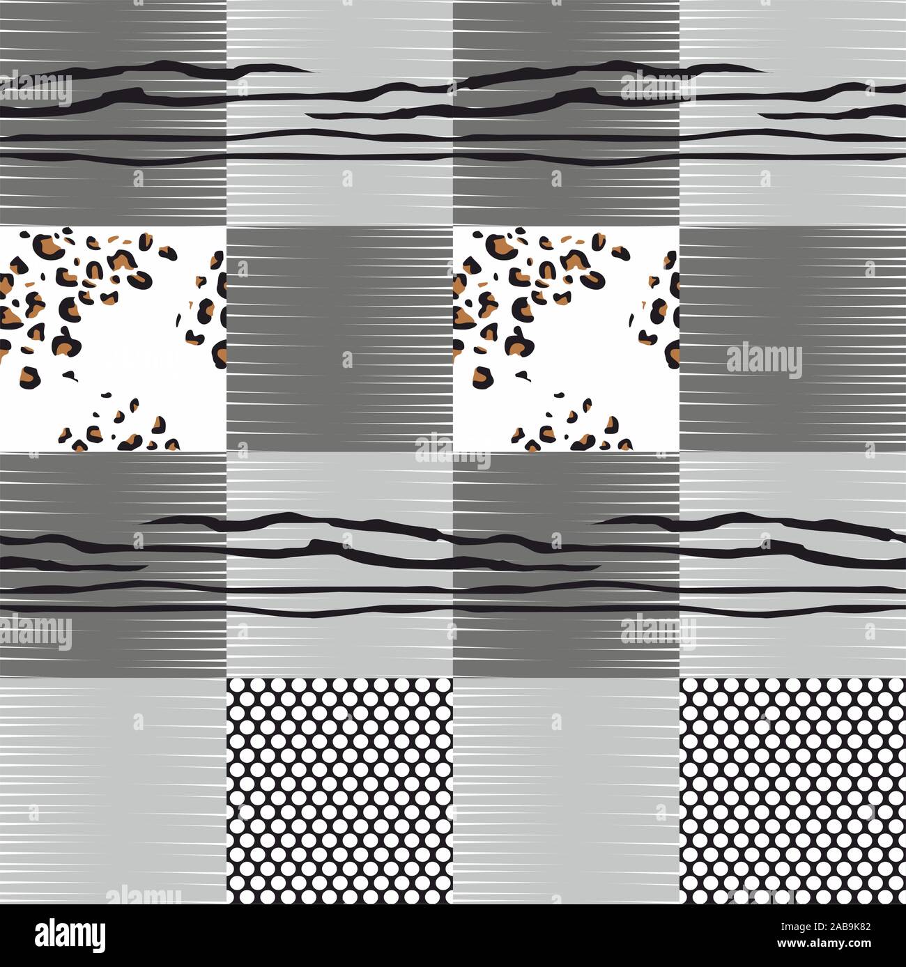 Schwarz und Weiß moderne patchwork Collage tierische Haut mit geometrischen Muster, Leopard, Zebra gemischt, Polka Dot. - Vektor Stock Vektor