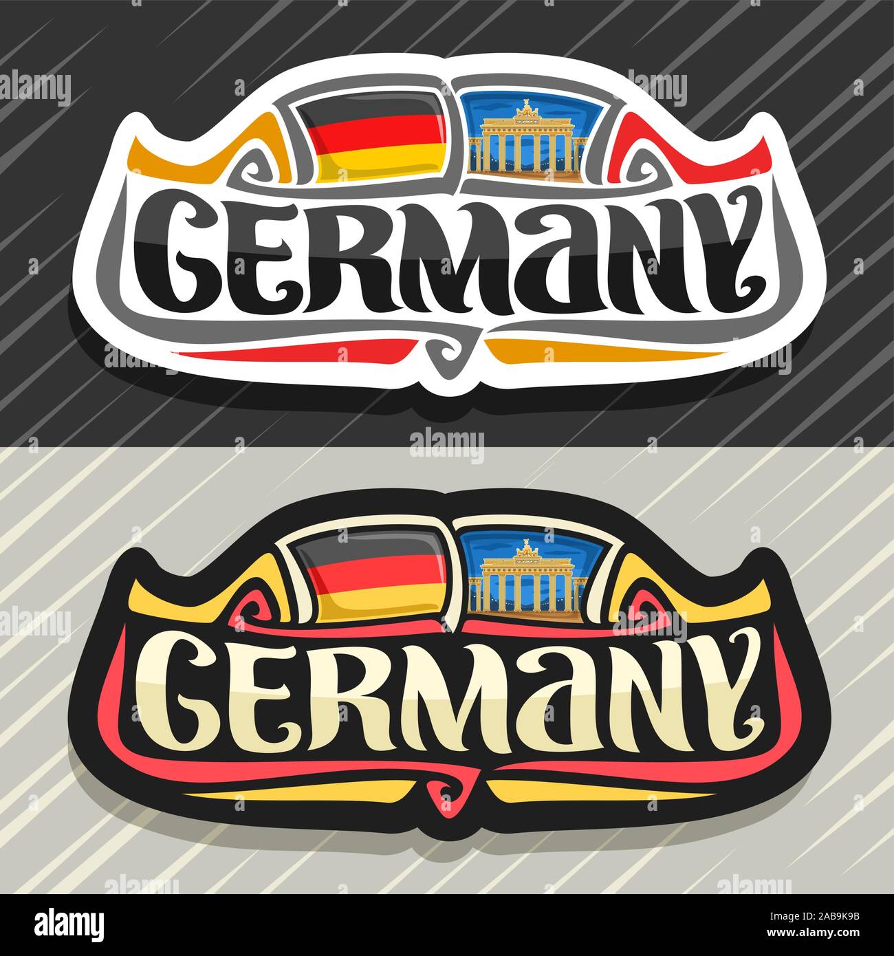 Vektor logo für Deutschland Land, Kühlschrank Magnet mit deutscher Flagge, original brush Schrift für Wort Deutschland und deutsche nationale Symbol-Brandenburg gat Stock Vektor
