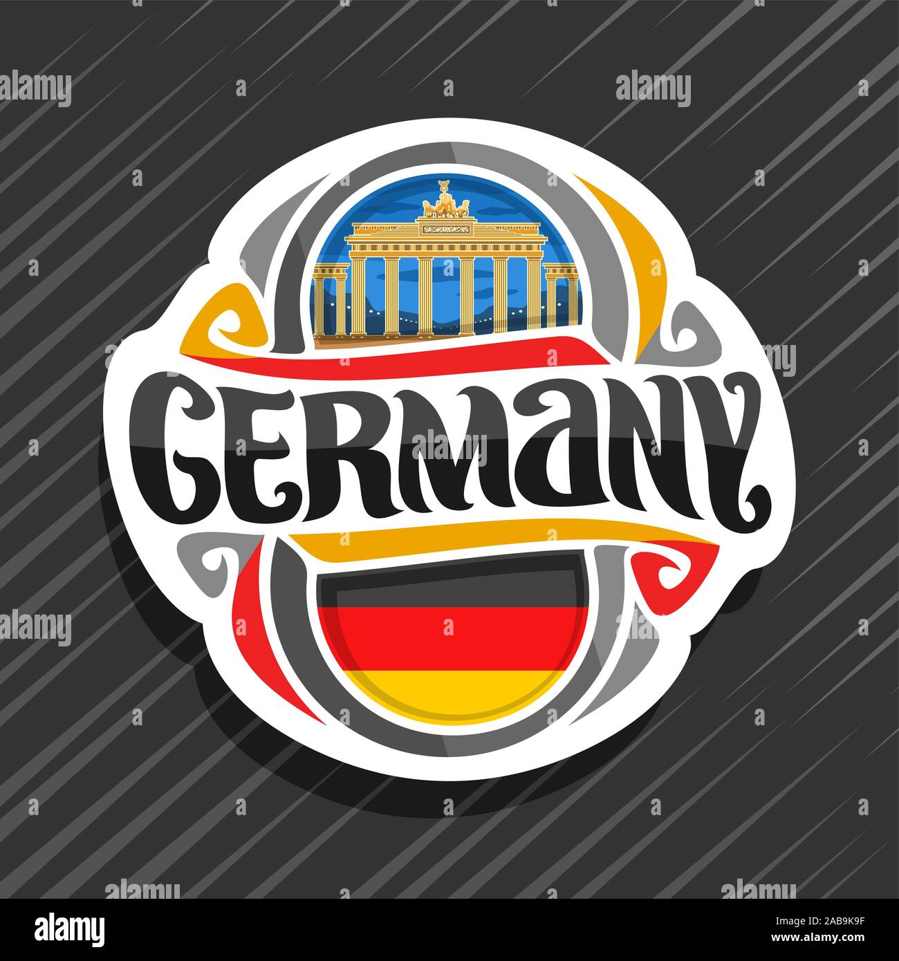 Vektor logo für Deutschland Land, Kühlschrank Magnet mit deutscher Flagge, original brush Schrift für Wort Deutschland und deutsche nationale Symbol-Brandenburg gat Stock Vektor