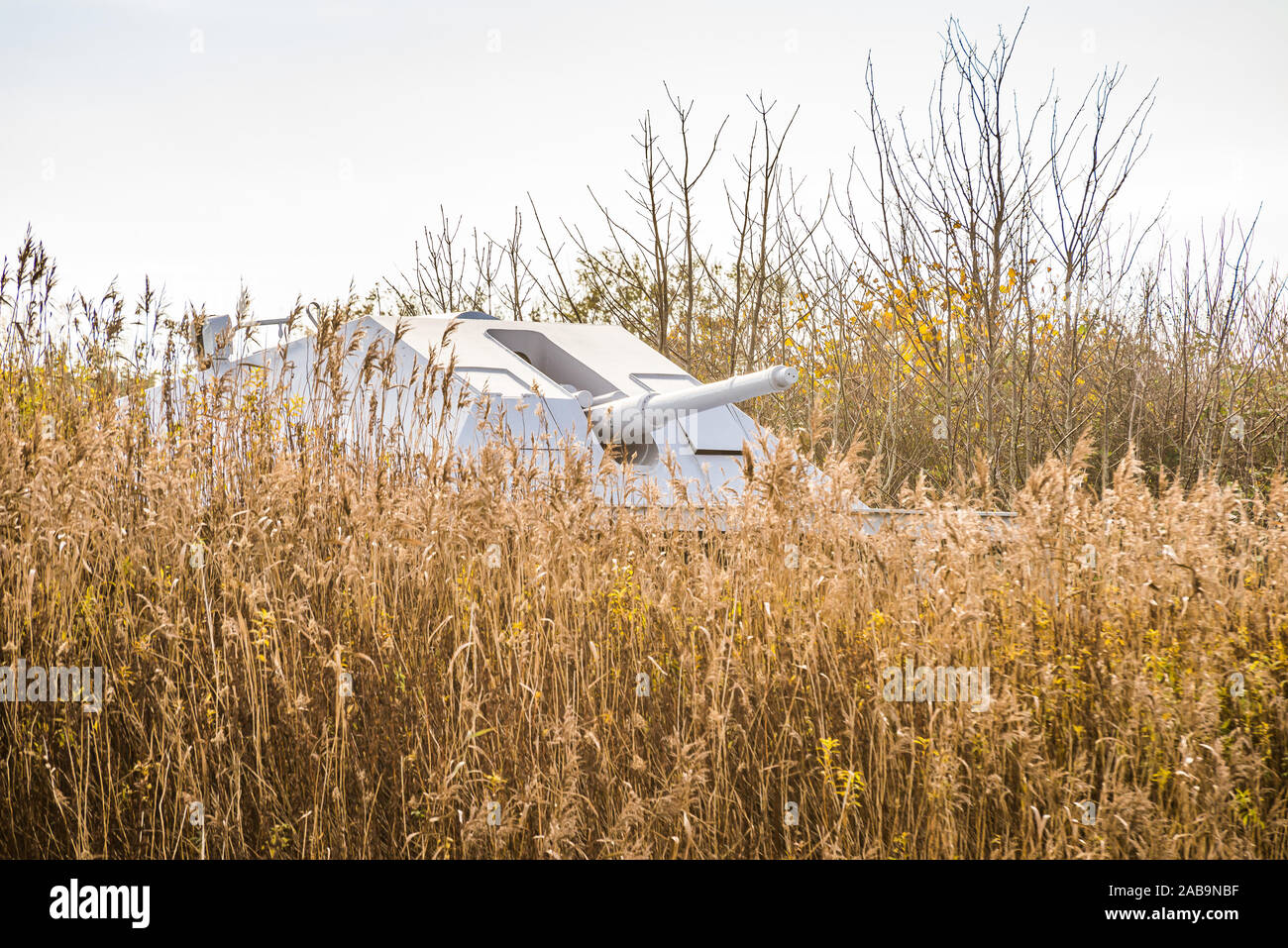 Army Tank versteckt im Gras in der Nähe der Küste von Cuxhaven, Deutschland Stockfoto