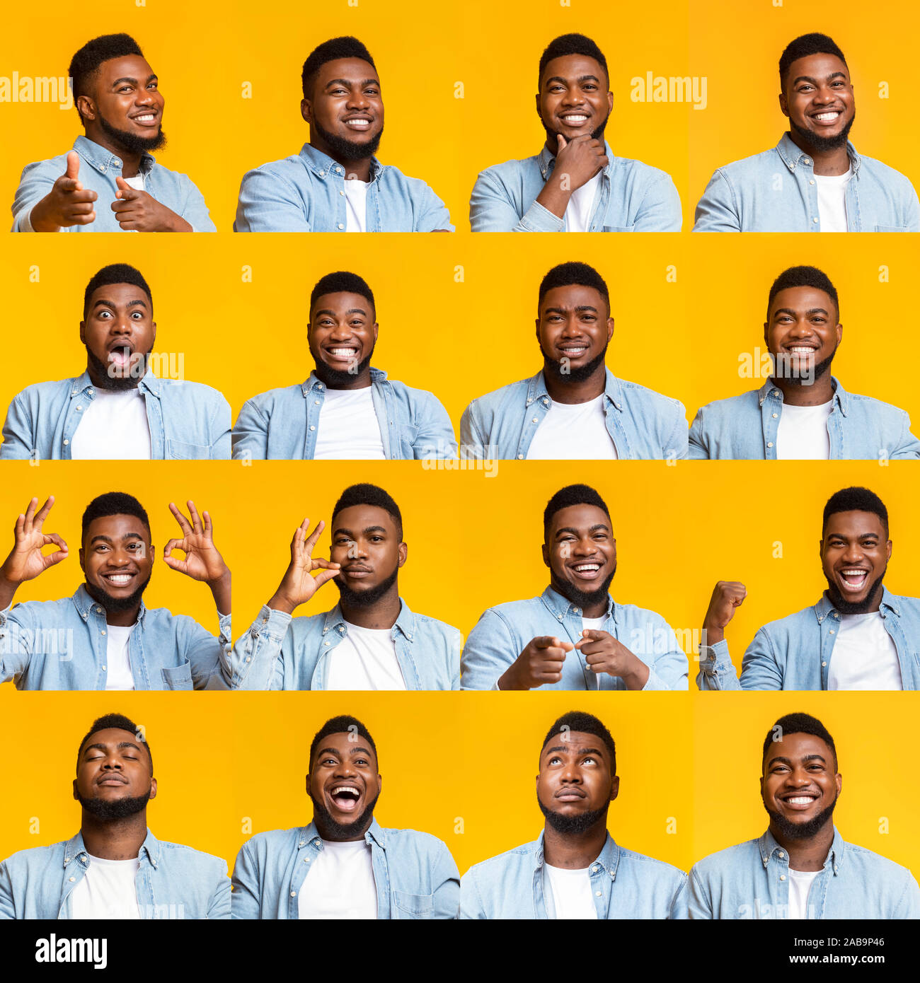 Collage von Stattlichen schwarzen Kerl Porträts mit unterschiedlichen Emotionen und Gesten. Stockfoto