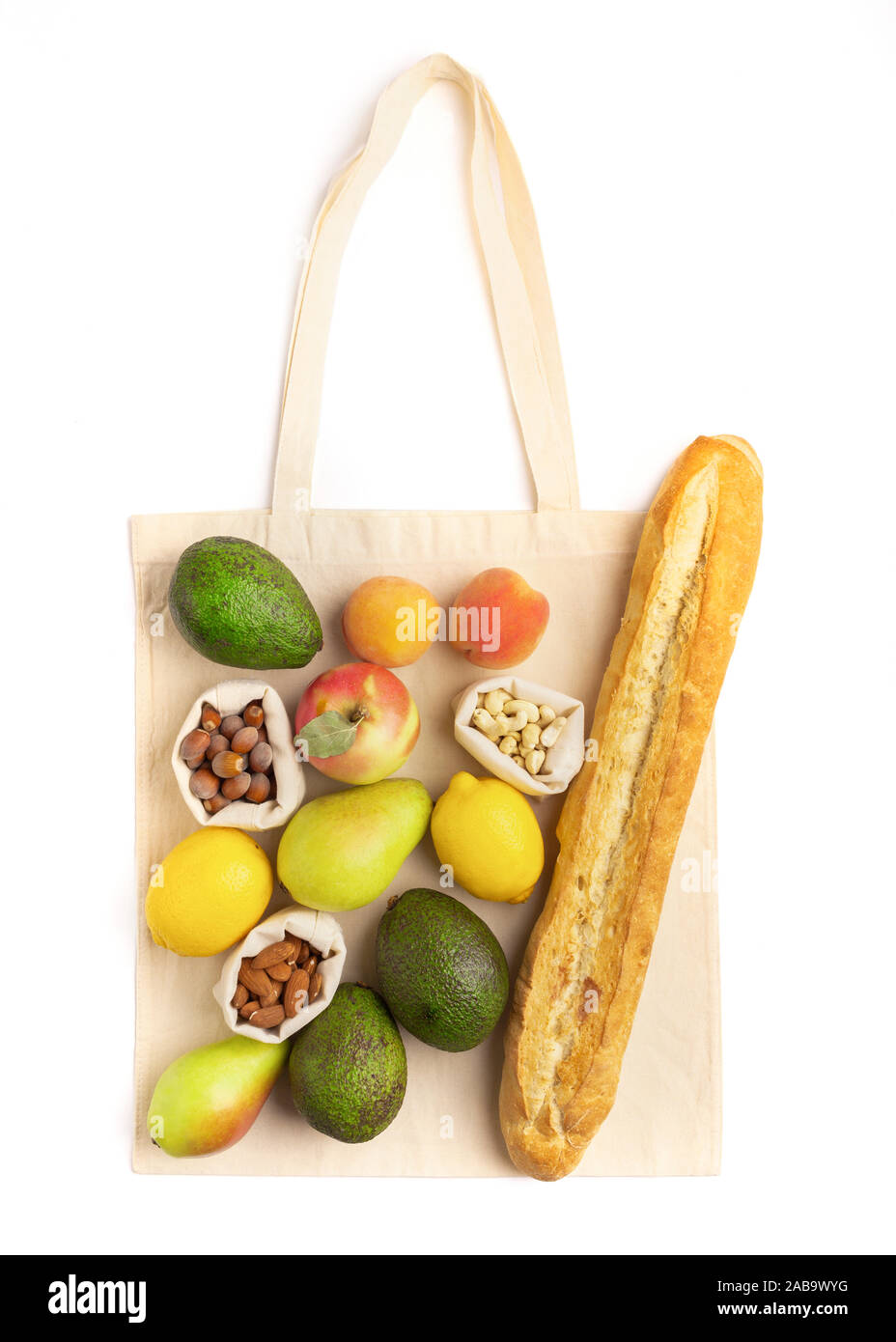 Gesunde produkte Zusammensetzung auf wiederverwendbare Tasche aus Baumwolle Stockfoto