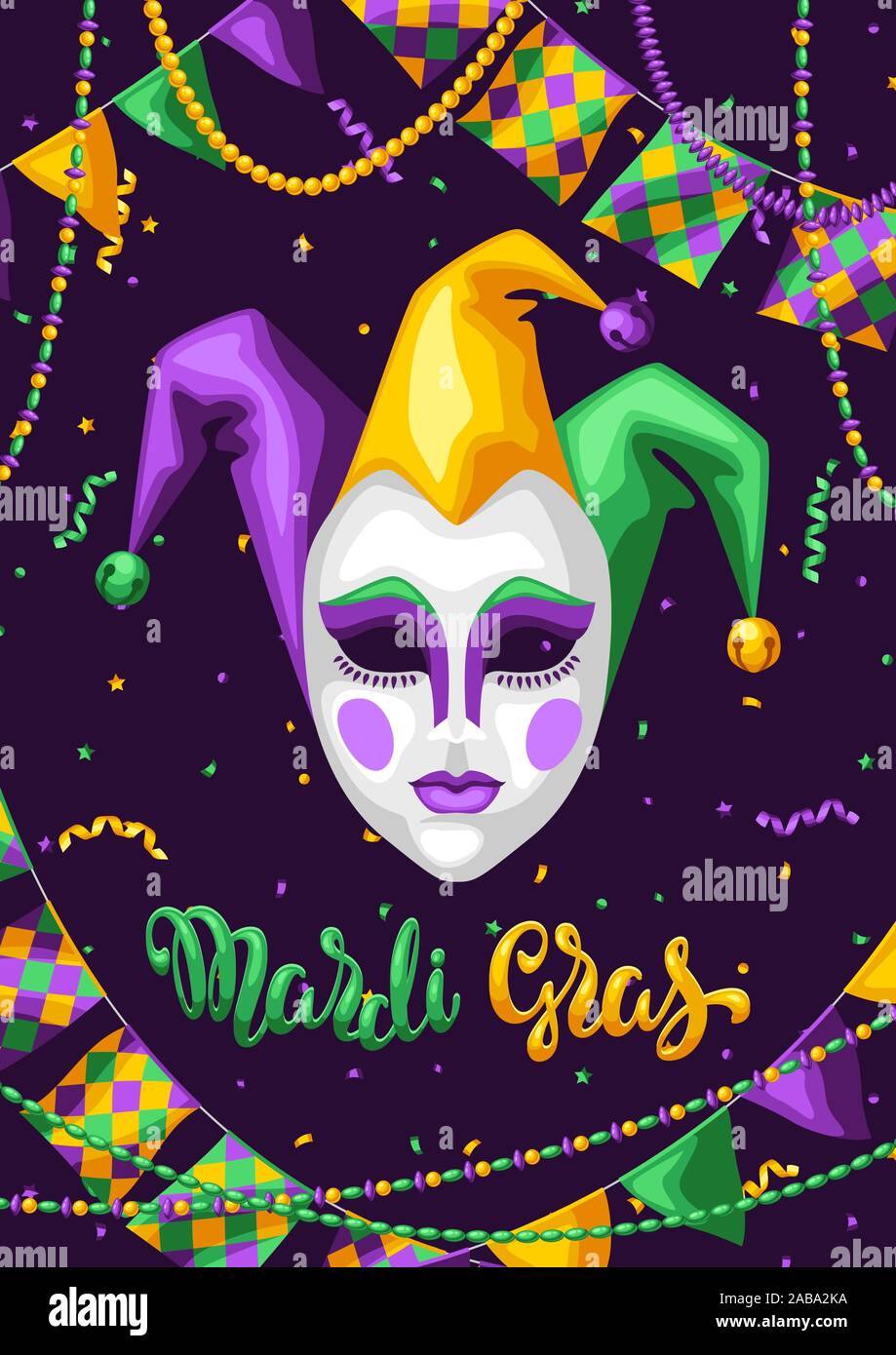 Mardi Gras party Gruß oder Einladungskarte. Stock Vektor