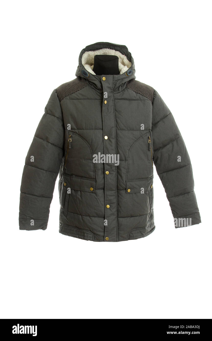 Warme Winterjacke. Herren Jacke mit Fell Kapuze. auf weißem Hintergrund  Stockfotografie - Alamy