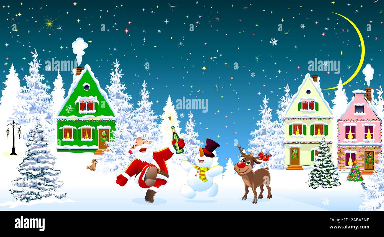 Santa Claus Schneemann Und Rotwild In Der Nacht Von Weihnachten Auf Dem Hintergrund Der Hauser Und Den Wald Schnee Bedeckte Hauser Und Baume Schnee Schneeflocken Star Stock Vektorgrafik Alamy