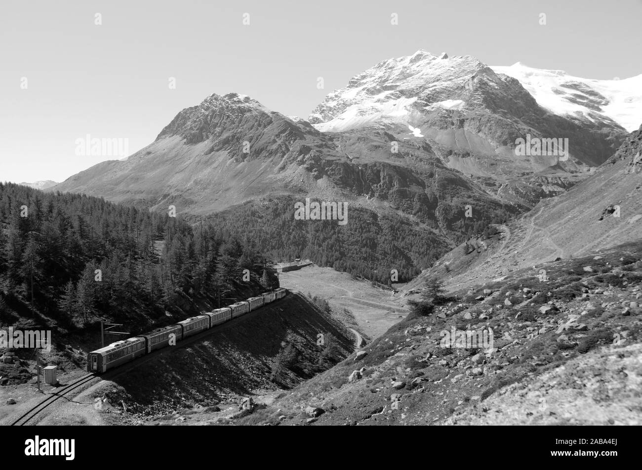Bernina-Train in den Schweizer Alpen in der Nähe der Alp Grüm | Bernina-Express der Rhätischen Bahn im Puschlav Stockfoto