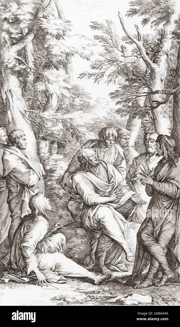 Plato mit Studenten in seinem acadamy. Plato, Anfang 400 BC-C. 348 v. Chr.. Die Athener Philosophen. Nach einem Stich von Salvator Rosa. Stockfoto
