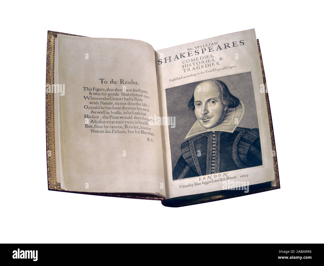 Shakespeares erste Folio-Titelseite mit Porträt des 17. Jahrhunderts William Shakespeare. Shakespeares Komödien, Geschichten Und Tragödien. Veröffentlicht nach den wahren Originalkopien. London, gedruckt von Isaac Iaggard, und Ed. Blount, Stich des Künstlers Martin Droeshout, 1623 der Droeshout-Porträt oder Droeshout-Stich ist ein Porträt William Shakespeares, das von Martin Droeshout als Frontispiz für das Titelblatt der ersten Folio-Sammlung von Shakespeares Stücken, die 1623 veröffentlicht wurde, graviert wurde. Es ist eines von nur zwei Kunstwerken, die definitiv als Darstellung des Dichters erkennbar sind. Ausschnitt auf Weiß Stockfoto