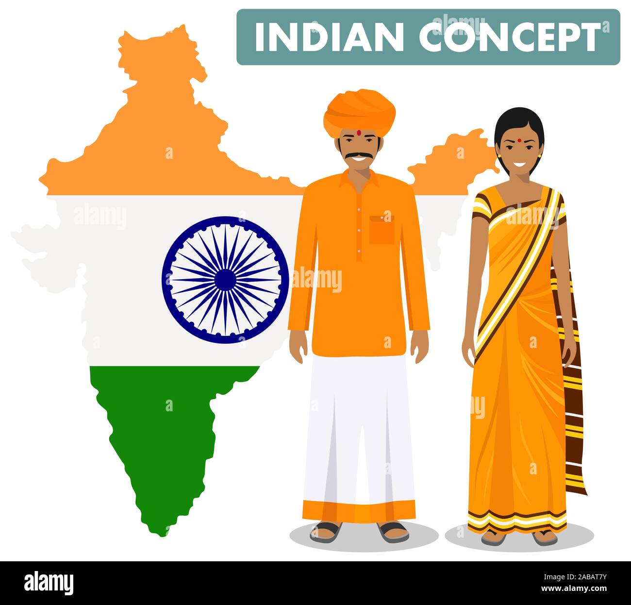 Familie und soziale Konzept. Satz von zwei ständigen zusammen indischen Mann und Frau in verschiedenen traditionellen Nationale Kleidung auf Hintergrund mit Karte von Stock Vektor