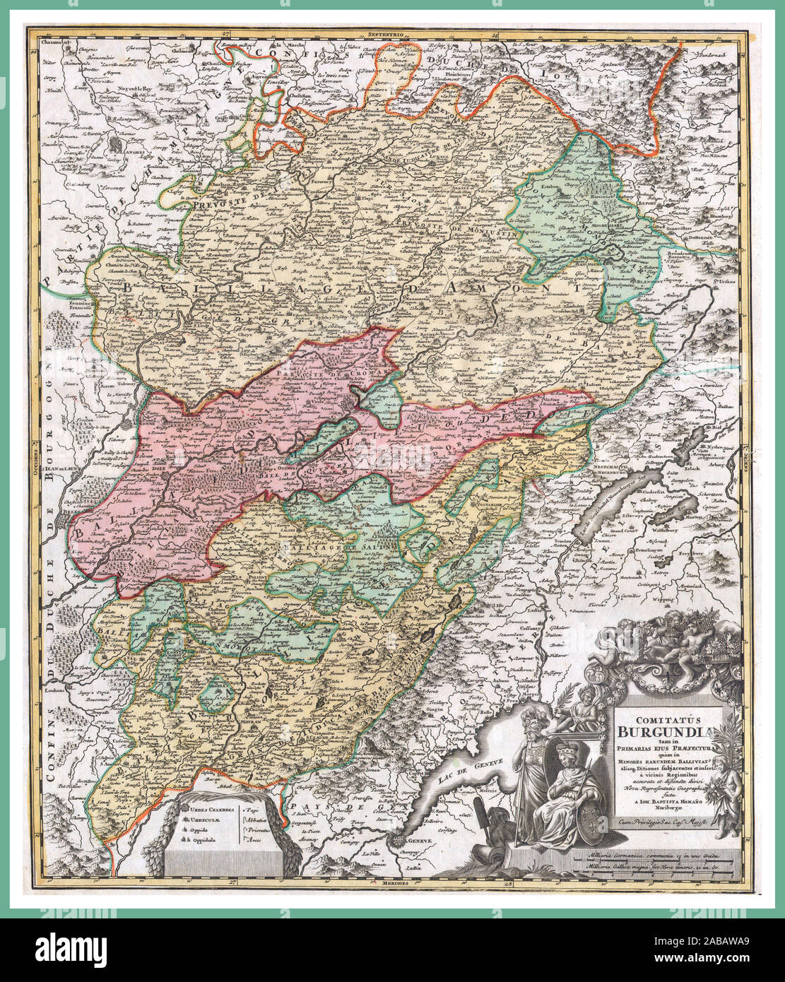 Burgund Frankreich HISTORISCHE VINTAGE KARTE Homann's 1716 Karte von Burgund, eine der in Frankreich wichtigsten Weinregionen. Erweitert Genfer See südwestlich, Lorraine Nord, Champagner und Angers nach Nordwesten und Bourgogne im Westen. Eine seltene Vintage historische Karte. Von J. H. Homann für die Aufnahme in die Gröberen Atlas in Nürnberg, 1716 veröffentlicht. Stockfoto