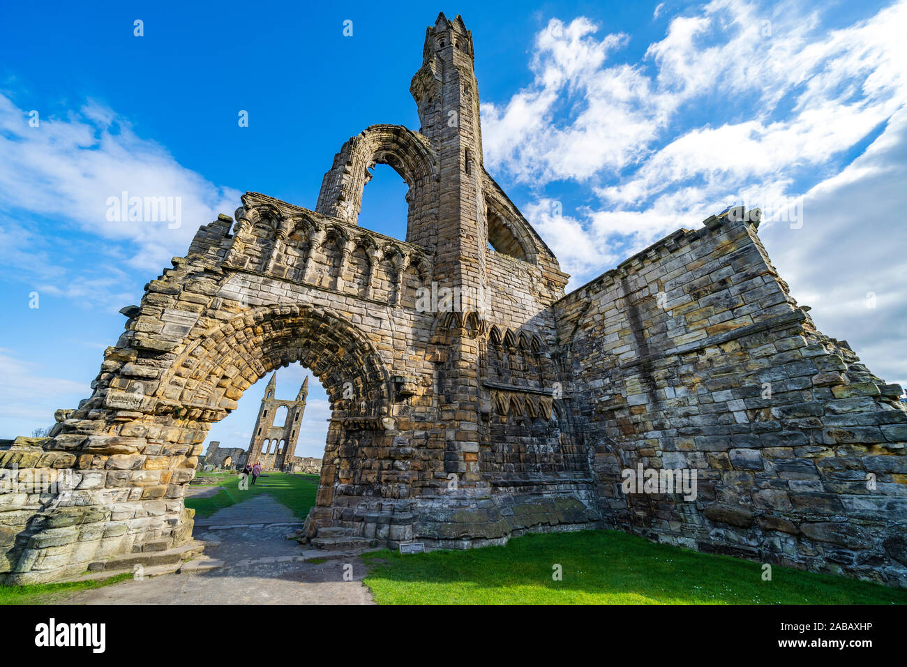 Blick auf die Ruinen der St. Andrews Cathedral in St Andrews, Fife, Schottland, Großbritannien Stockfoto