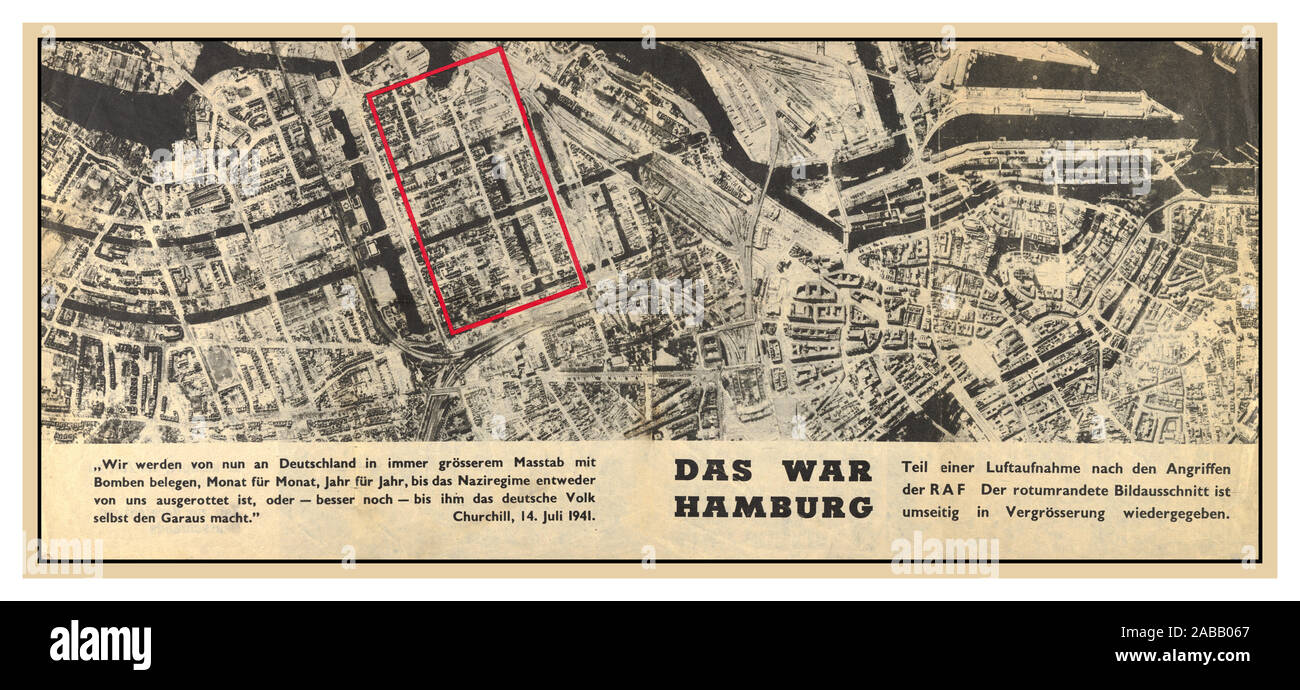 Der Fall der britischen RAF-Propaganda-Broschüre fiel nach einer verheerenden Serie von Luftangriffen auf Hamburg im Juli 1943 auf Deutschland. Über einen Zeitraum von vier Tagen nutzten die Bomber eine Kombination aus Brandbomben und hochexplosiven Bomben, um die Stadt zu zerstören und etwa 30,000 Menschen zu töten. Das Flugblatt trägt den Titel „Th​is​ Was​ Hamburg“ und illustriert „einen Teil einer Luftaufnahme der Angriffe der RAF. Der rot umrandete Bildausschnitt wird vergrößert wiedergegeben.“ Das Flugblatt enthält eine Umschreibung aus Churchills berühmter Rede „Du test dein Schlimmstes und wir werden unser Bestes tun“. Stockfoto