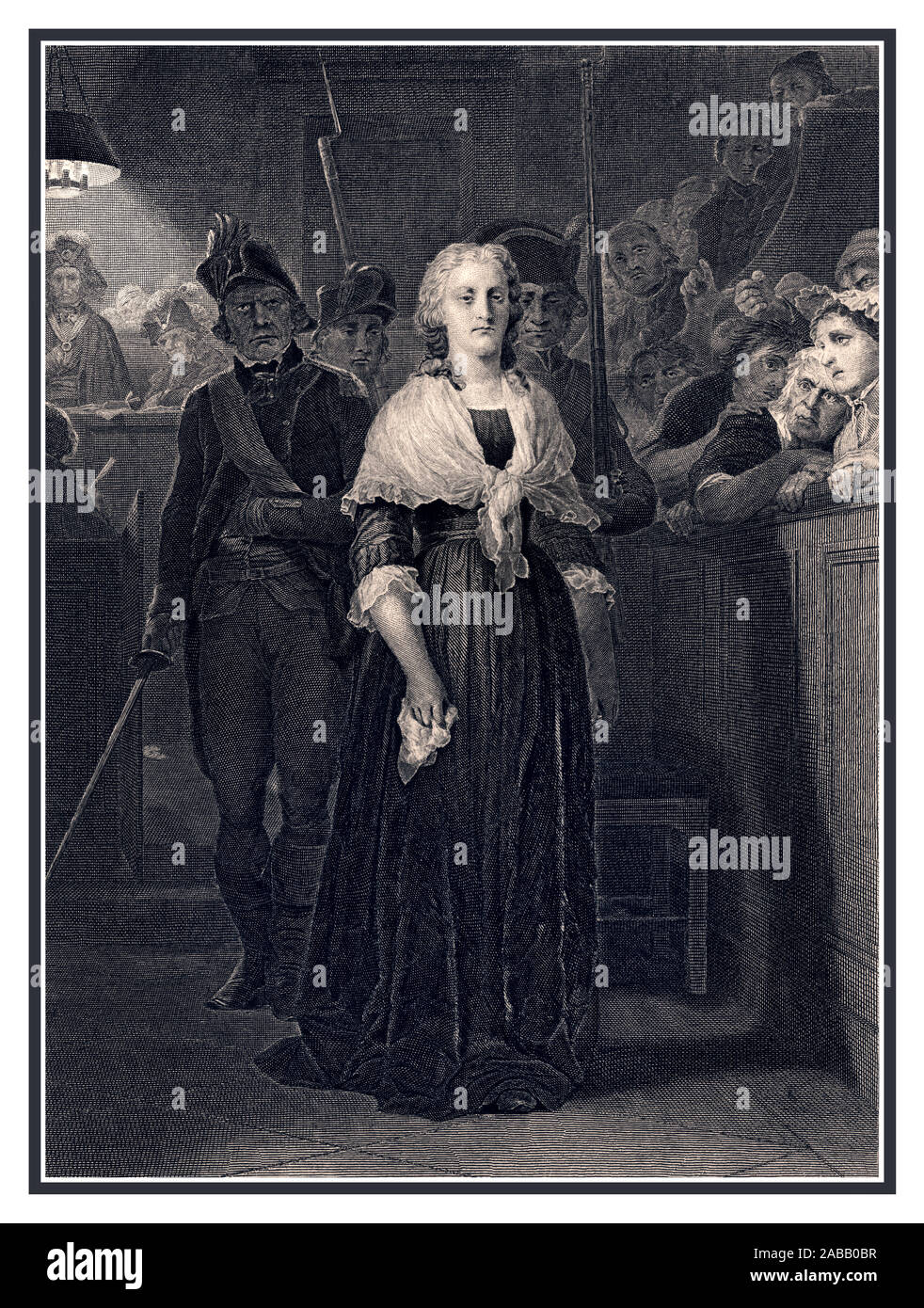 Vintage Gravur von Marie Antoinette verlassen die revolutionäre Tribunal 1862 Übersicht Marie Antoinette zurück ins Gefängnis, nachdem ihr Versuch während der Französischen Revolution geführt wird. Stockfoto