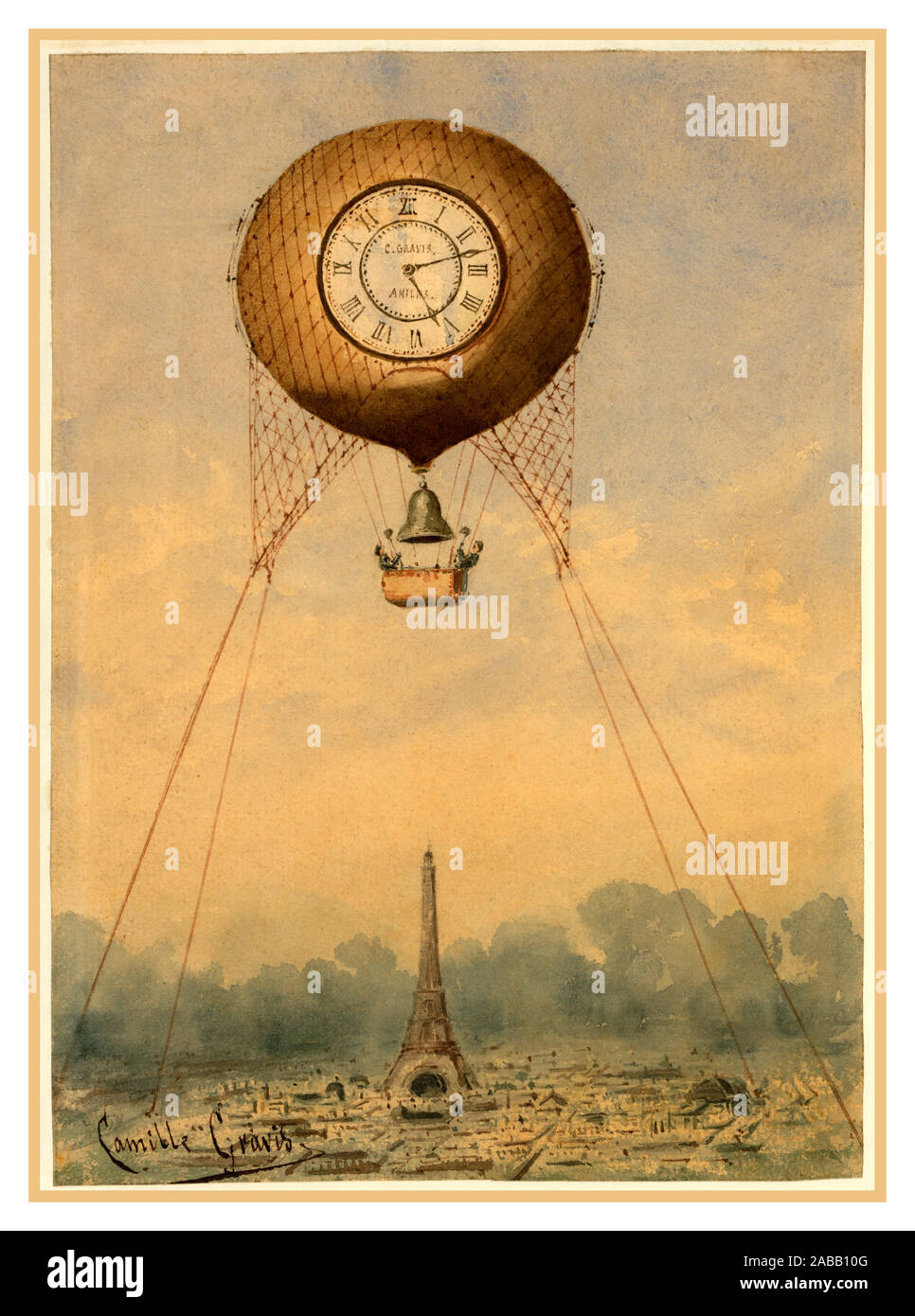 1889 Paris Exposition Vintage Heißluftballon Fesselballon mit Zifferblatt und Bell, schweben über den Eiffelturm, Paris, Frankreich von Camille Grávis., Ballon, Heißluftballon, Paris, Frankreich, historischen, Zeichnung, Illustration, Poster, Weltausstellung Uhr Förderung Paris Stockfoto