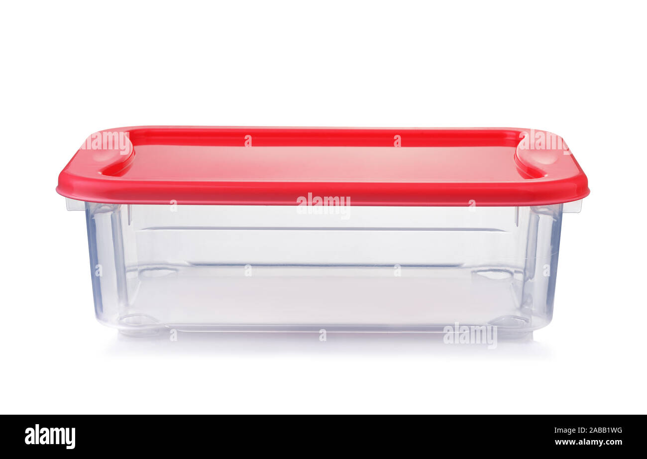 Vorderansicht von leeren Kunststoff Lebensmittel behälter mit rotem Deckel isoliert auf weißem Stockfoto