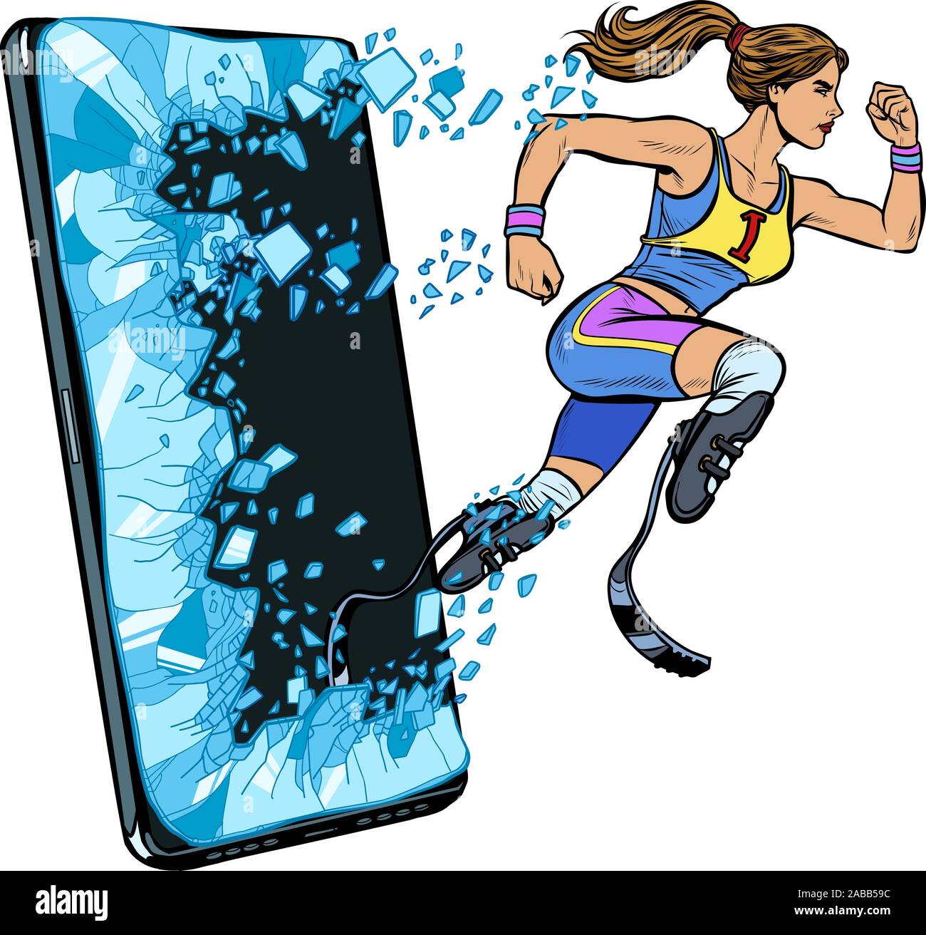 Frau runner deaktiviert Bein mit Prothese Telefon gadget Smartphone. Online Internet Application Service Programm Stock Vektor
