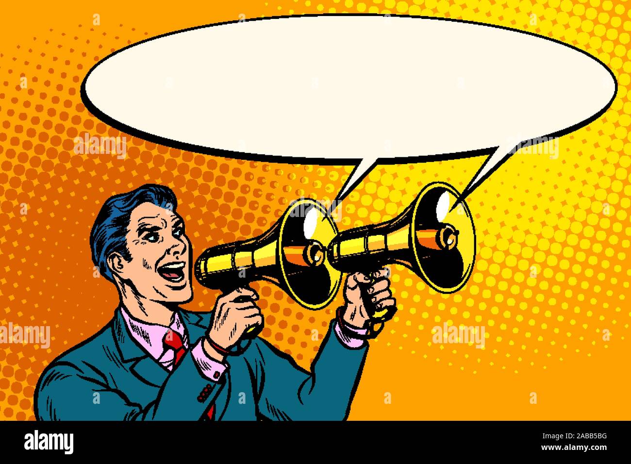 Geschäftsmann mit einem Megaphon. Ankündigung Werbung Stock Vektor