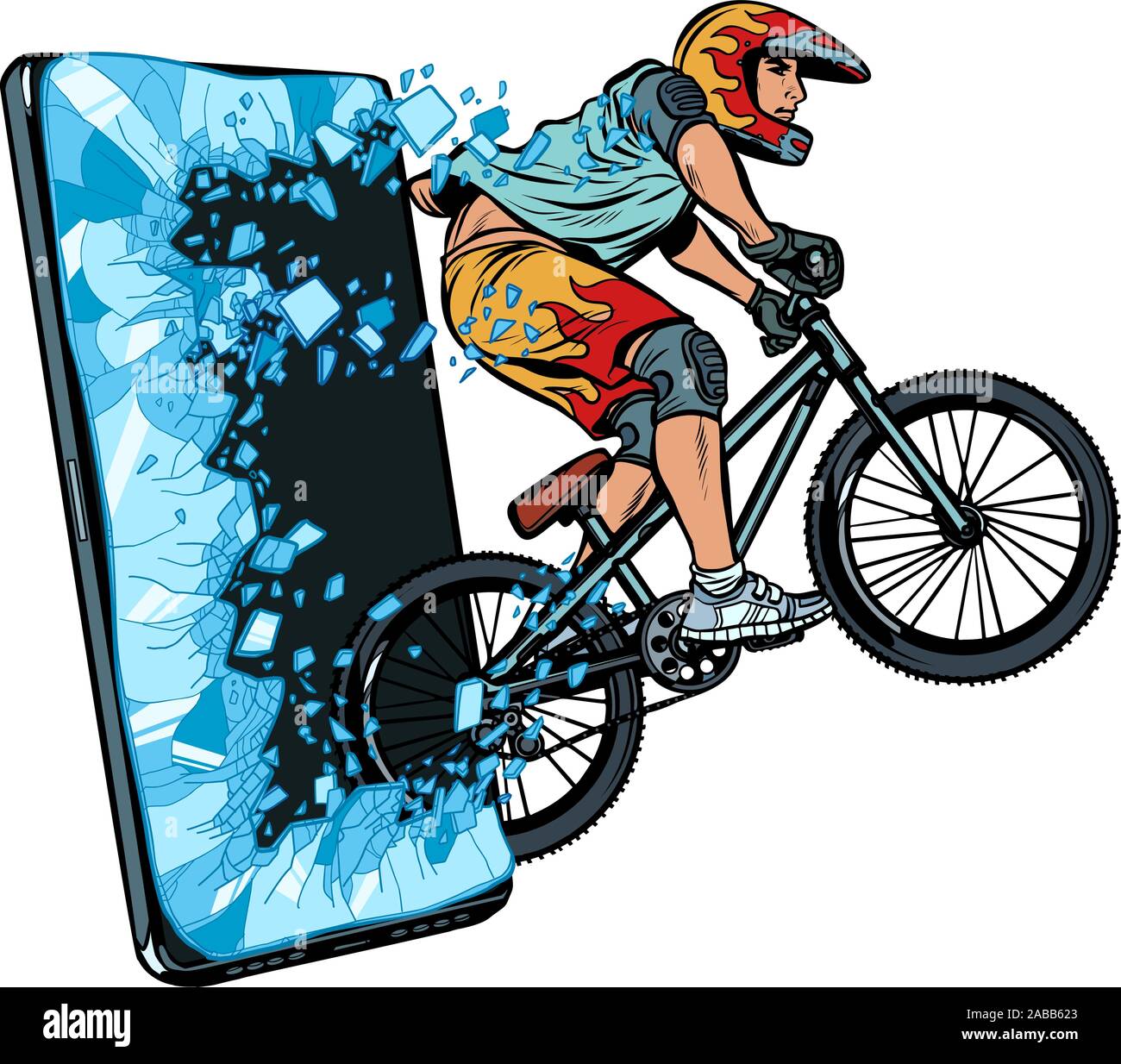 Sport online Aktuelles Konzept. Athlet Radfahrer in einen Helm auf dem Mountainbike Stock Vektor