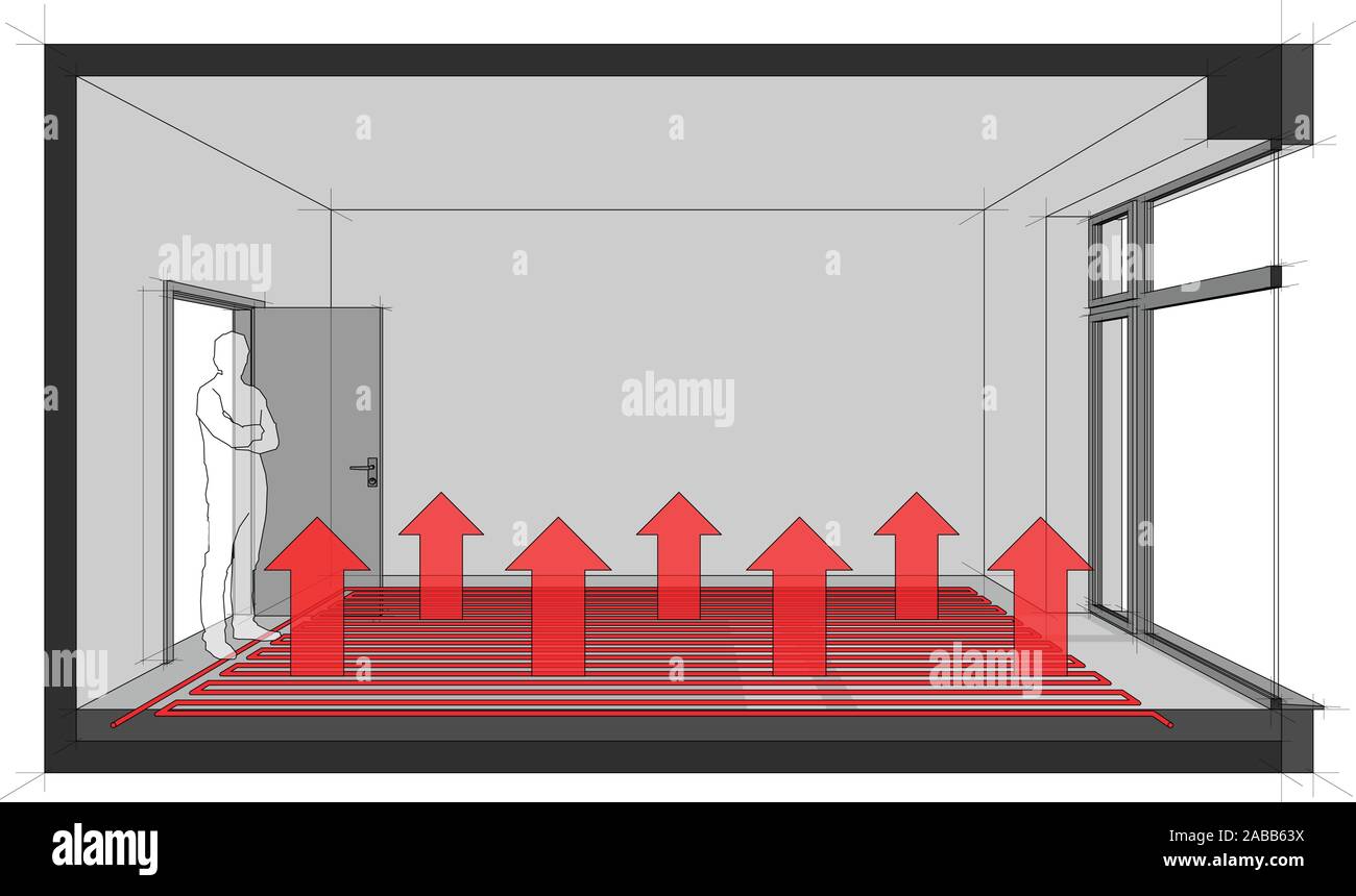 3D-Darstellung von leeren Zimmer mit Tür und hohe französische Fenster und stehende Mann in der geöffneten Tür und Fußbodenheizung Stock Vektor