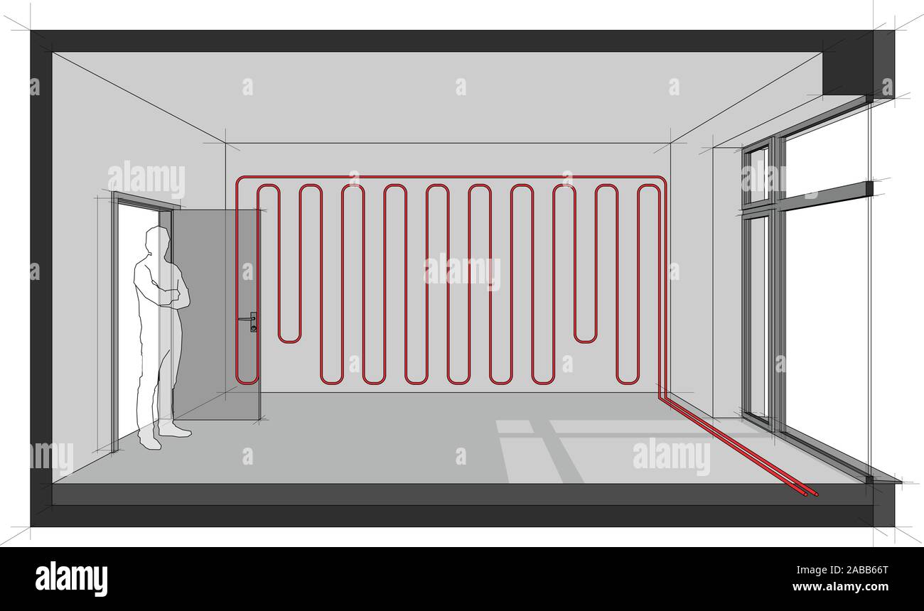 3D-Darstellung von leeren Zimmer mit Tür und hohe französische Fenster und stehende Mann in der geöffneten Tür und Wand Heizung Stock Vektor