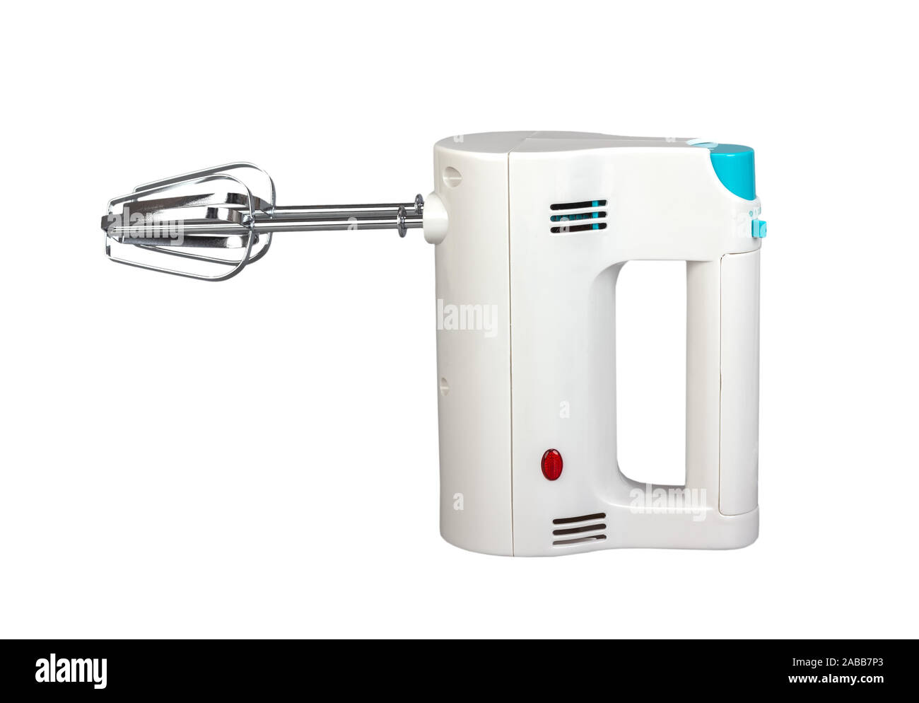 Elektrische Handmixer ist ein Küchengerät zum Mischen auf weißem Hintergrund bestimmt Stockfoto