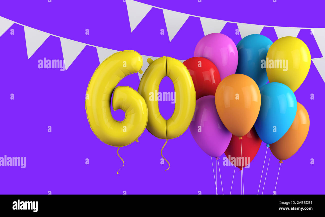 Glücklich 60. Geburtstag bunte party Ballons und Bunting. 3D-Rendering Stockfoto