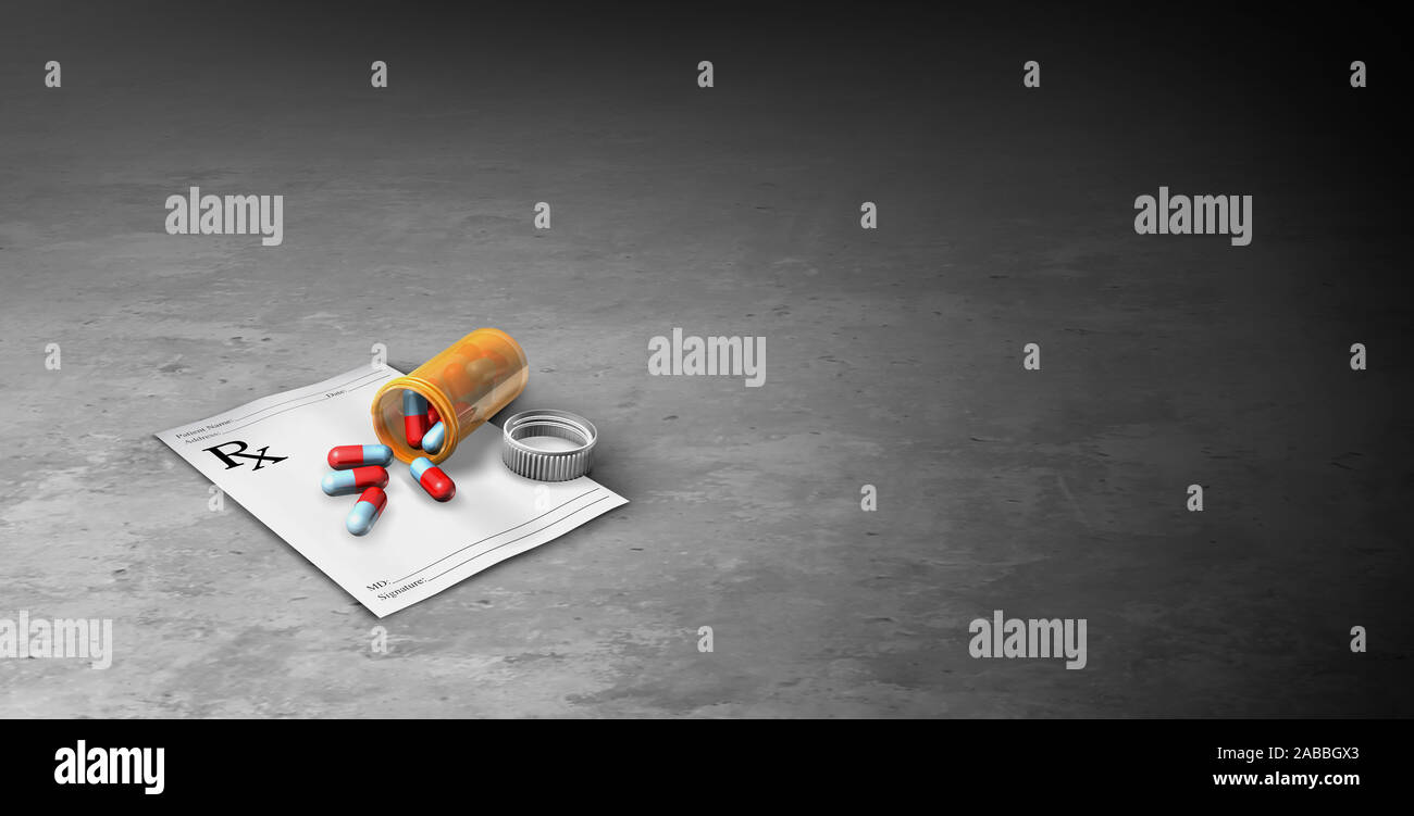 Verschreibung von Medikamenten und pharmazeutischen Antibiotikum Medizin Konzept wie Pillen oder Schmerzmittel Kapseln als Symbol für die medizinische Behandlung. Stockfoto